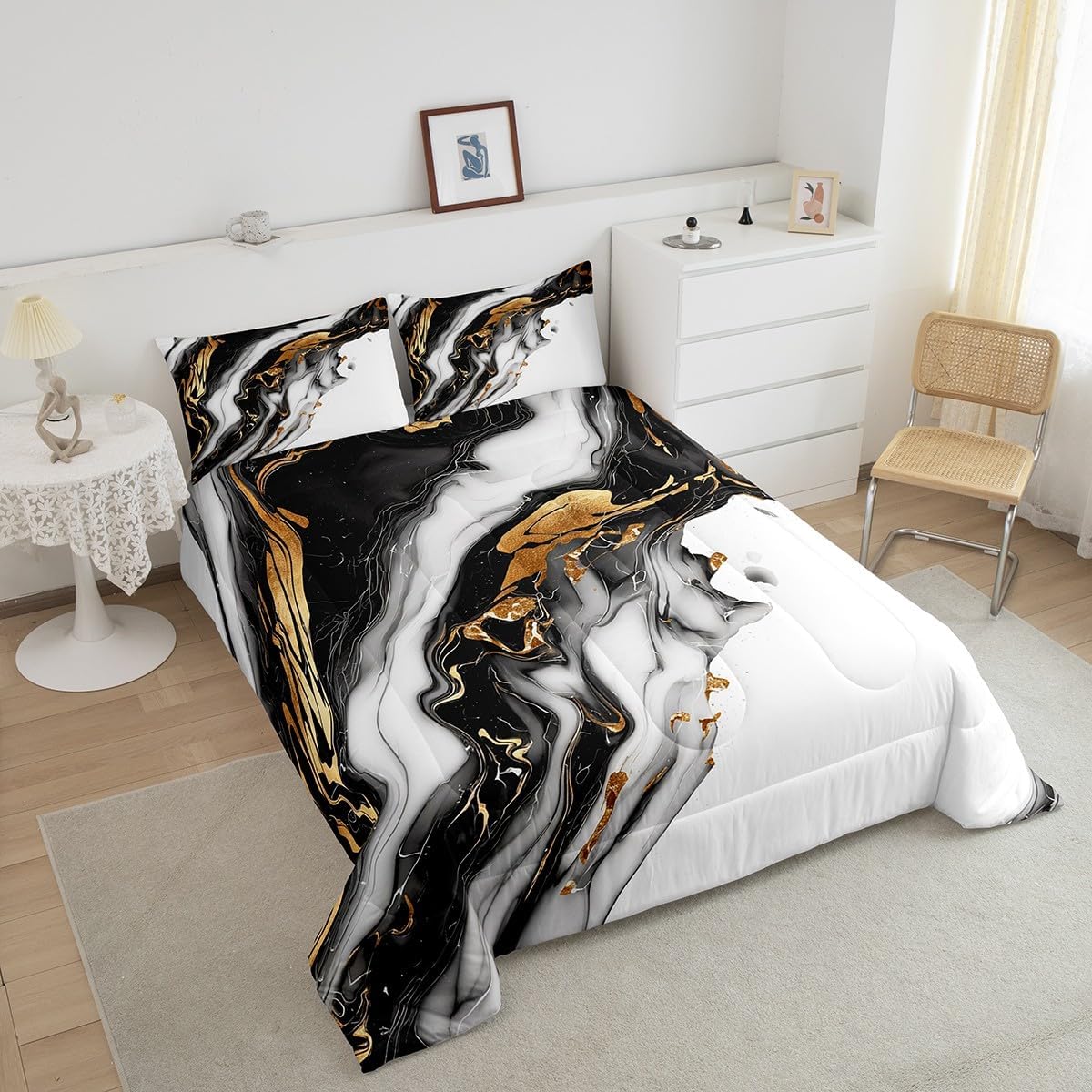 Feelyou Marble Texture Bedding Set Black White Golden Comforter Set for Kids Boys Girls Teens Ink Color Comforter Modern Marble Aesthetic Duvet Set 3Pcs with 2 Pillow Case Full Size Boys