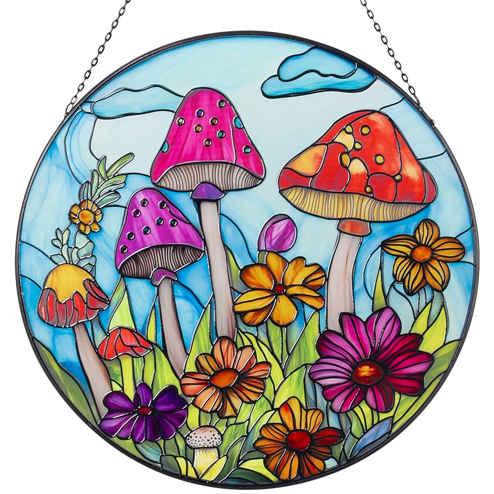 SATHGA Stained Glass Window Hanging,11.8IN Mushroom Garden Suncatchers with Chain,Hand-Painted Stained Glass Suncatcher for Home,Window Decor,Ideal Present for Mother's Day,Birthday