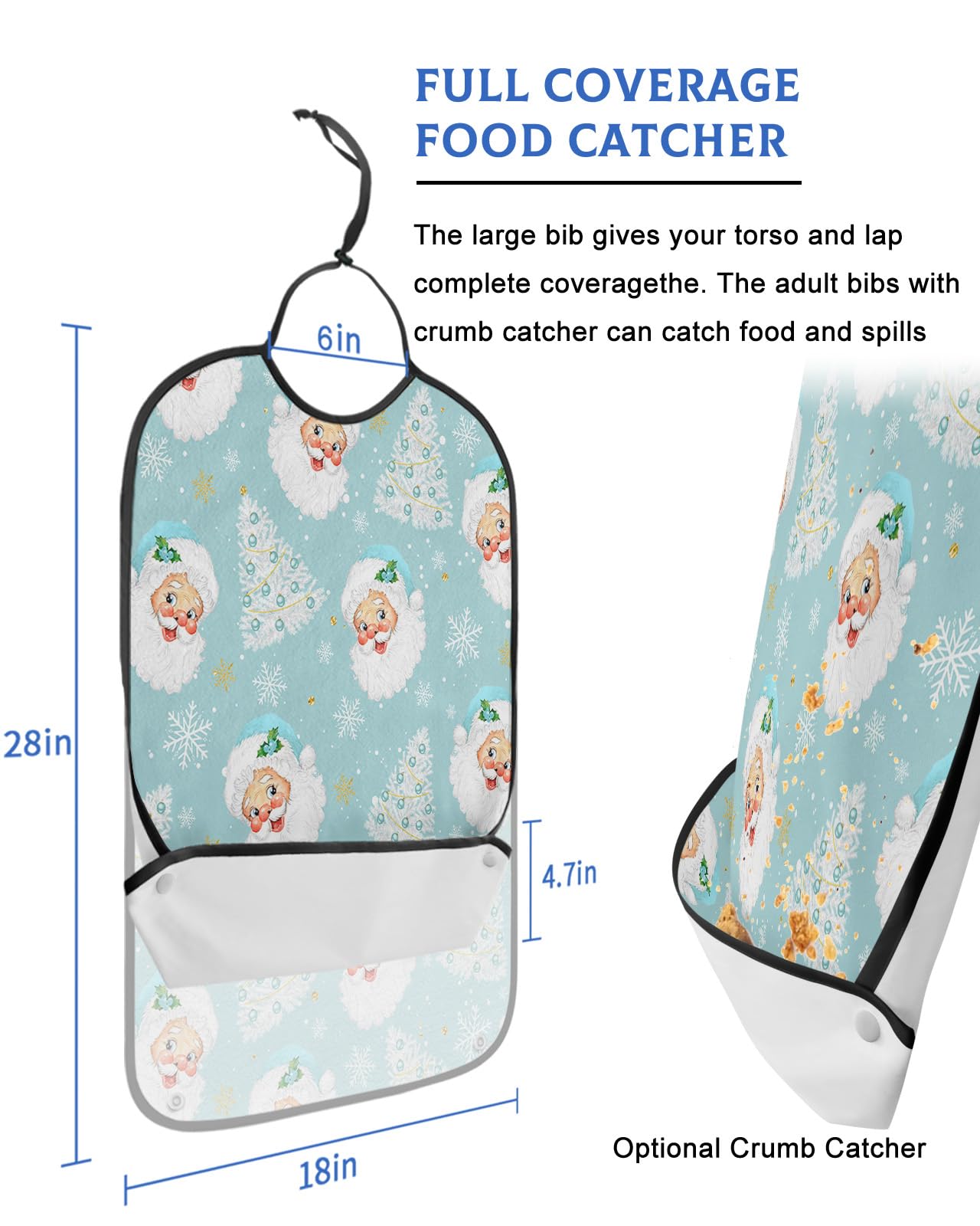 LEOKOTI Aqua Blue Santa Christmas Adult Bibs for Eating, Waterproof Bibs with Food Catcher & Adjustable Snap Closure, Xmas Tree Winter Snowflake Washable Clothing Protectors Adult Bibs for Elderly
