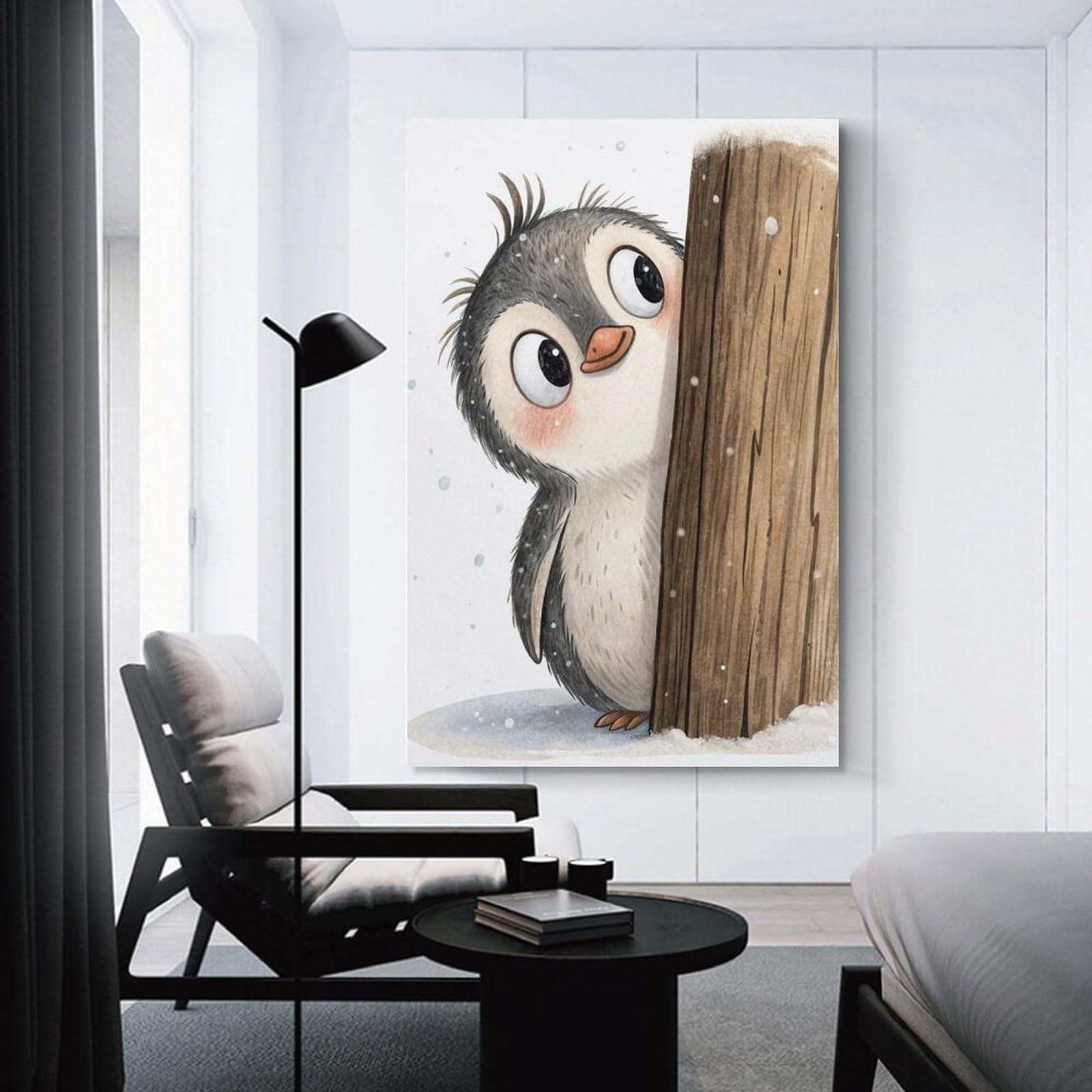 Junmoney Canvas Wall Art Cute Penguin Peeking Behind A Wooden Post, 24x36inch(60x90cm), for Living Room, Lounge Or Sitting Room, Canvas Styling for A Polished Room Look
