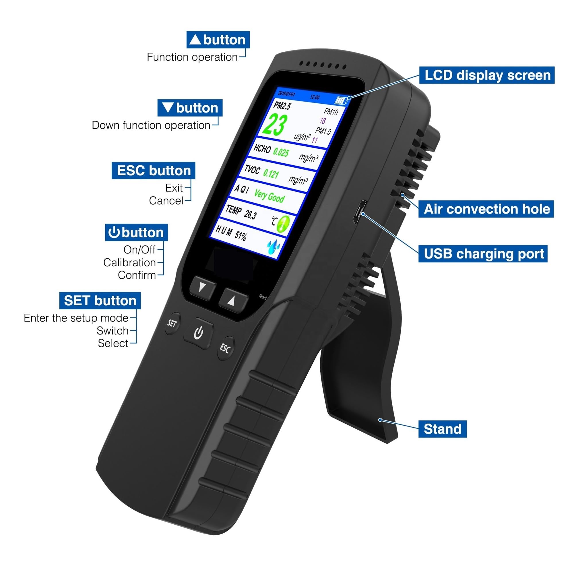 Monitor portátil de Calidad del Aire PM2.5 Contador de partículas Detector portátil de contaminación por Polvo multifunción