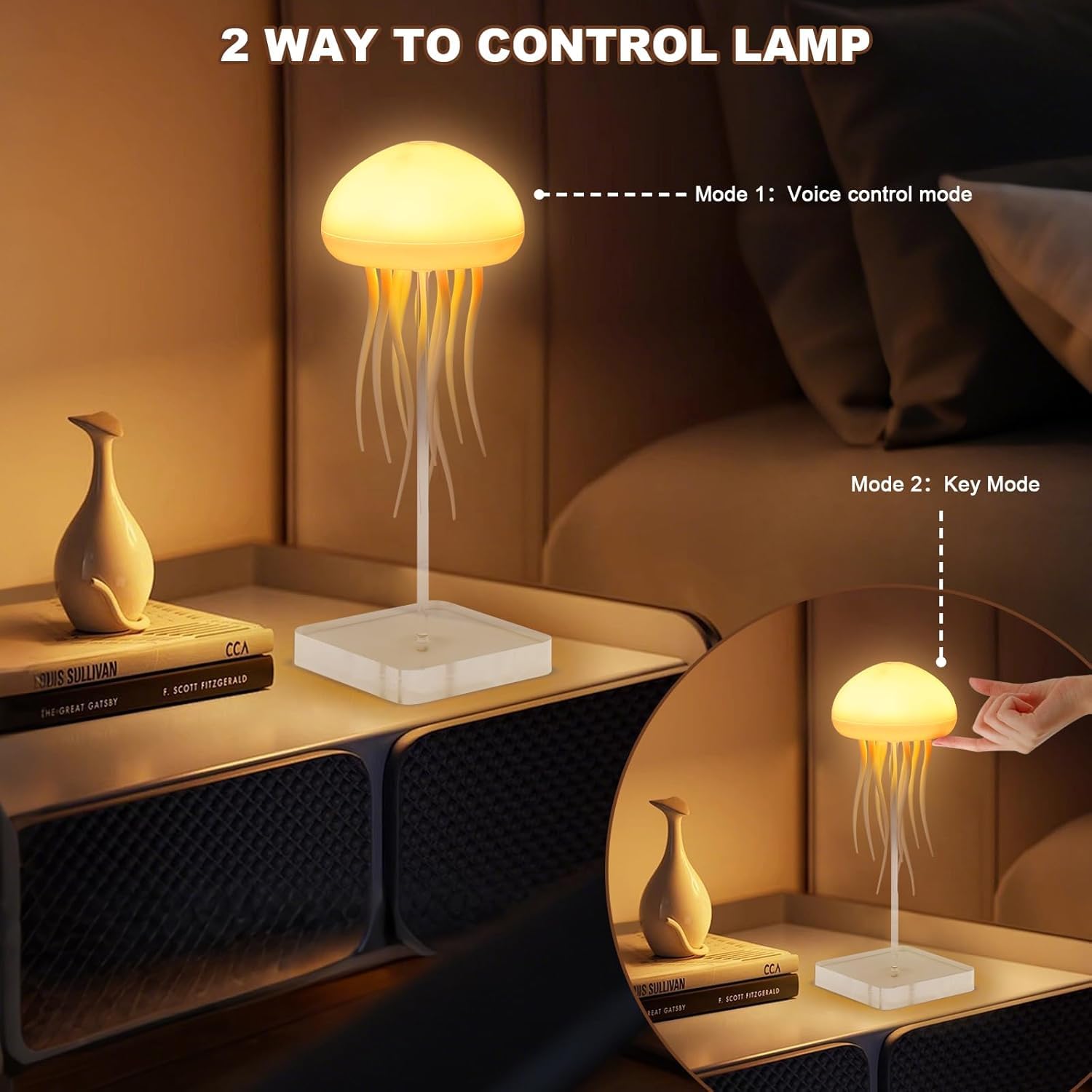 PRECHANA Plastic Jellyfish Lamp LED Mood USB Rechargeable Table Lamp with Touch Sensor and Voice Control RGB Gradient Desk for Bedroom with Remote Control for Gifting Kids & Adult Night Light, White 1