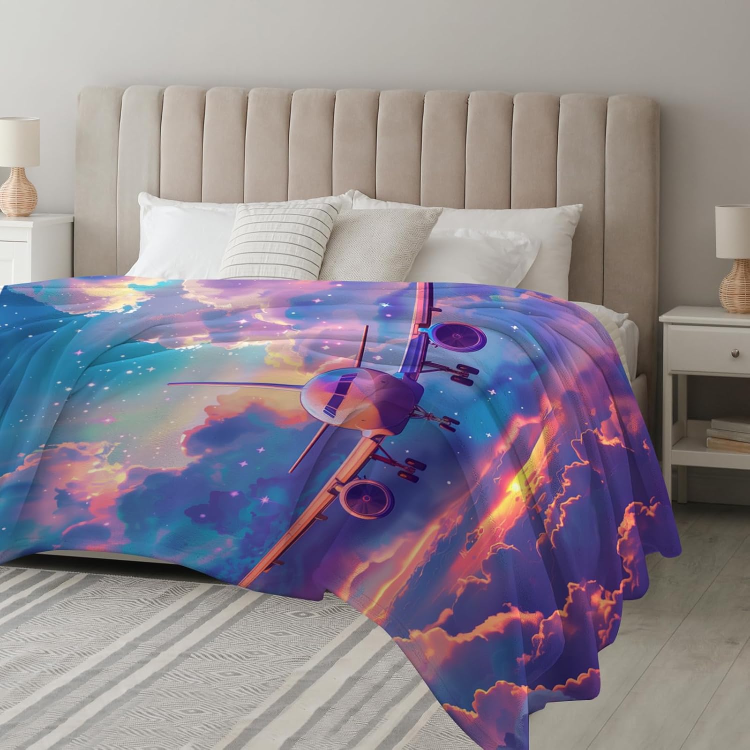 Airplane Blanket, Pink and Blue Cloud Plane Throw Blankets for Girls Kids, Aviation Gifts for Aviation Lovers, Airplane Gifts for Pilots Women, Soft Warm Fuzzy Flannel Blankets 60"x50"