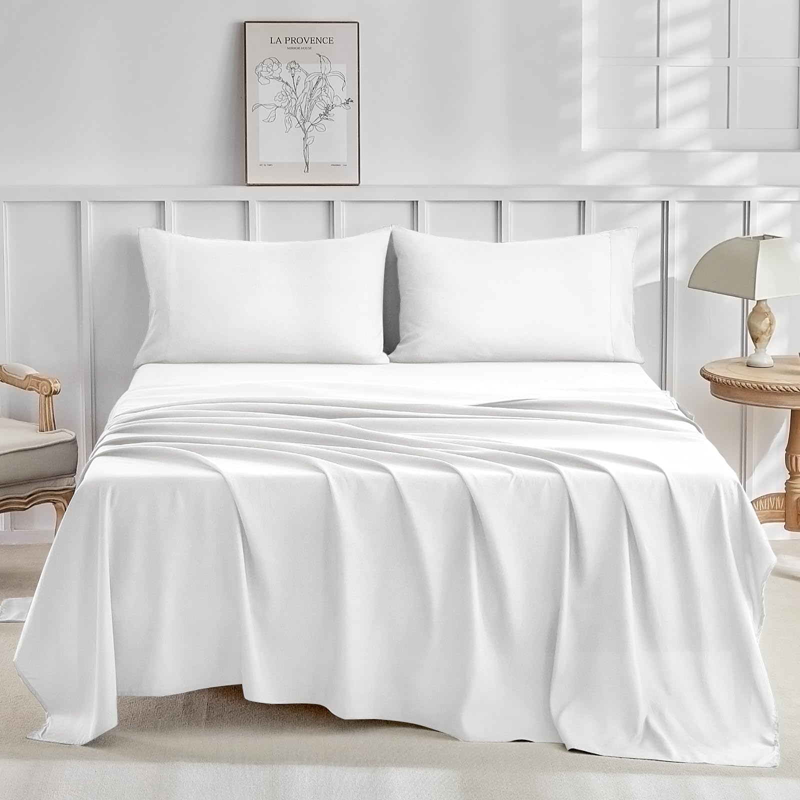 Tokokimo Bed Sheets King Size Luxury Hotel Collection - 4-Pieces Washed Microfiber King Bed Sheet Set with Double Side Pocket - Super Soft Cozy and Breathable (White, King)