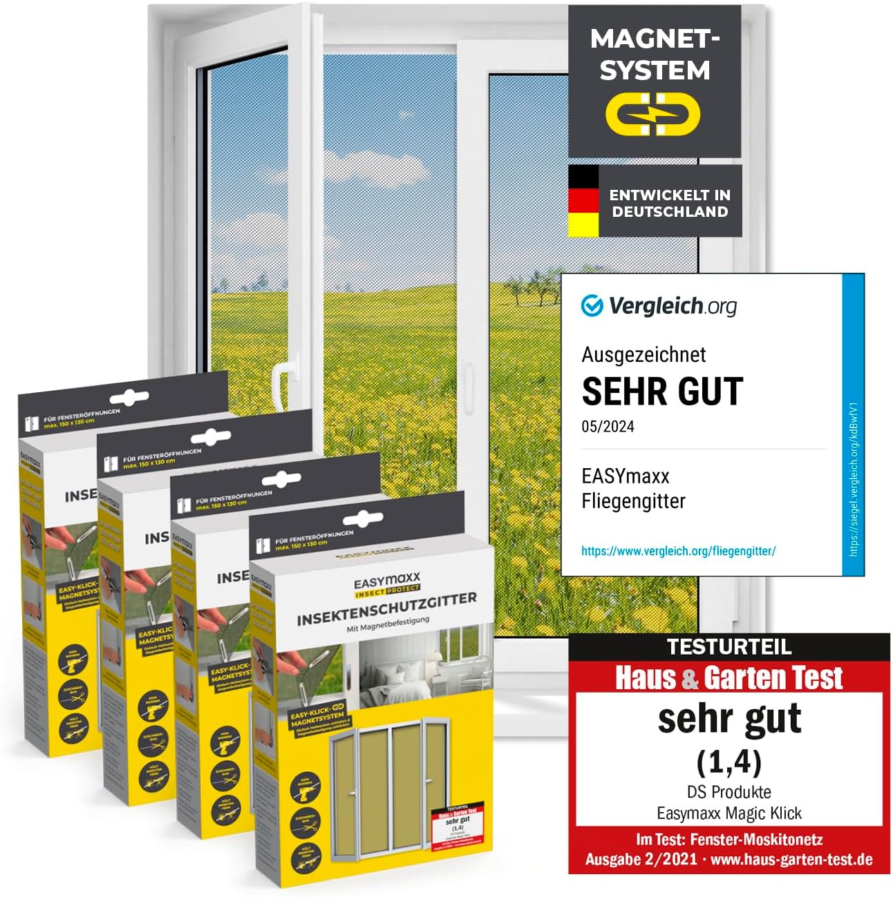 EASYmaxx Fliegengitter für Fenster mit Magic Click | Moskitonetz individuell zuschneidbar für alle Fenster bis 150 x 130 cm | Einfache Montage mit 12 Magneten - kein Bohren oder Schrauben [4 Stück]