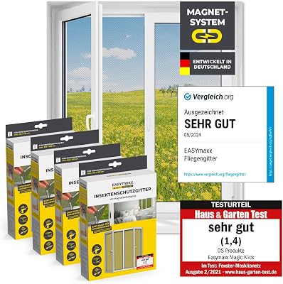 EASYmaxx Fliegengitter für Fenster mit Magic Click | Moskitonetz individuell zuschneidbar für alle Fenster bis 150 x 130 cm | Einfache Montage mit 12 Magneten – kein Bohren oder Schrauben [4 Stück] | Magnetbefestigung