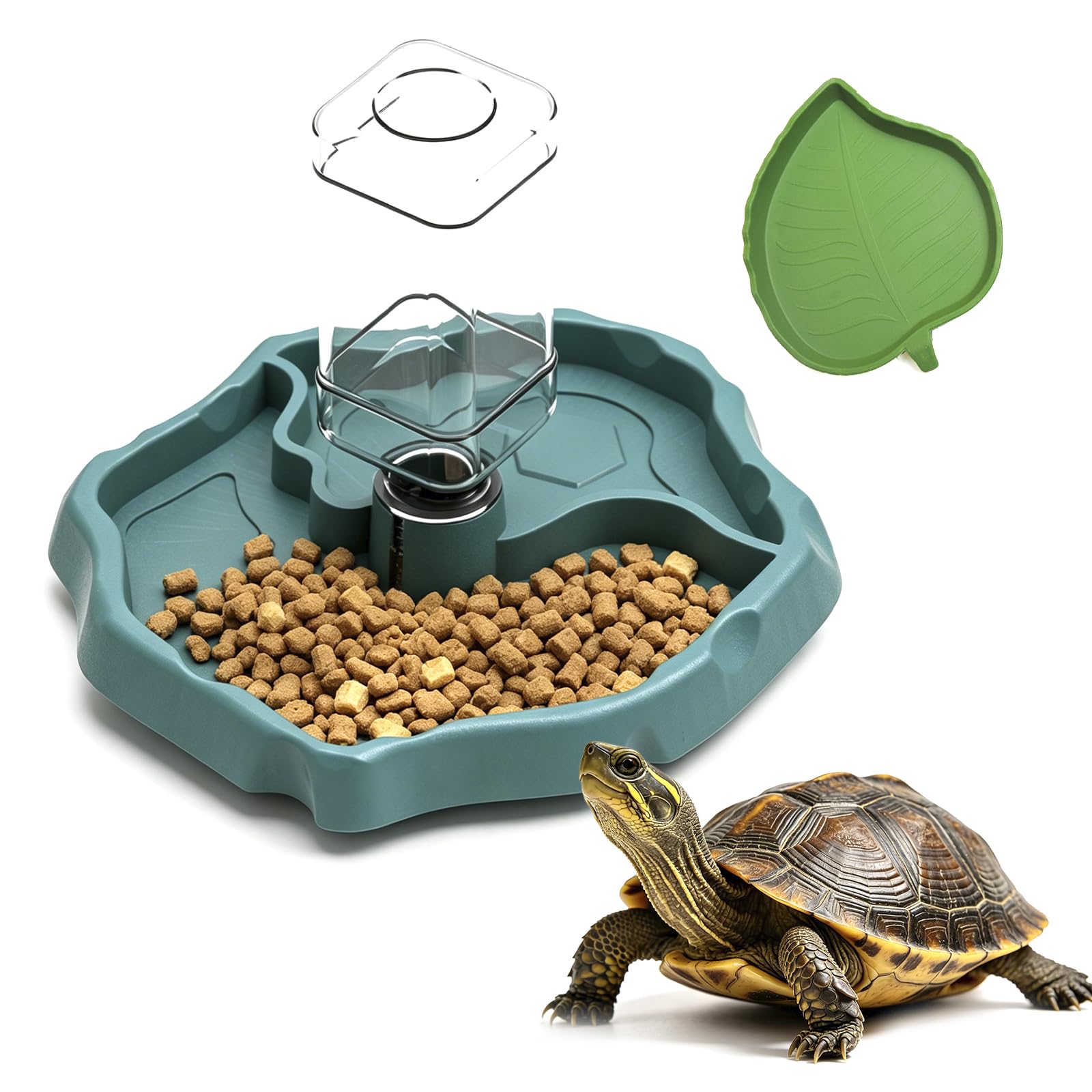 2 in 1 Automatic Reptile Food Water Bowl with Leaf Plate Dish, 2 Pcs Reptile Feeding Dish Automatic Dispenser Feeder Waterer, Tortoise Accessories for Turtles, Geckos Lizards Chameleons Snakes Frogs