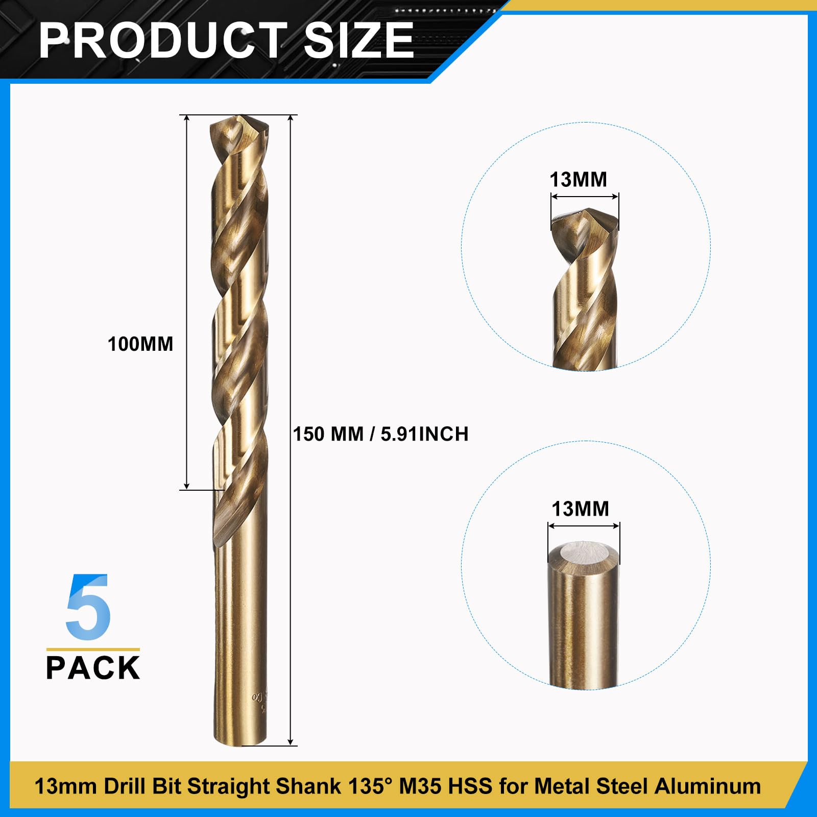 PATIKIL 13mm Drill Bit, M35 Cobalt 5% High-Speed Steel Jobber Straight Shank 135° Gold Finish for Stainless Steel Hard Metal - 5 Pack - Image 2