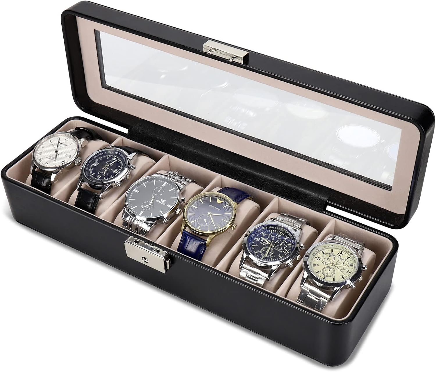 Watch-Box Organizer for Men and Women: Watch-Case Holder 6-Slot Watch Box Pu-Leather Watch-Display with Glass Window and Lock Black