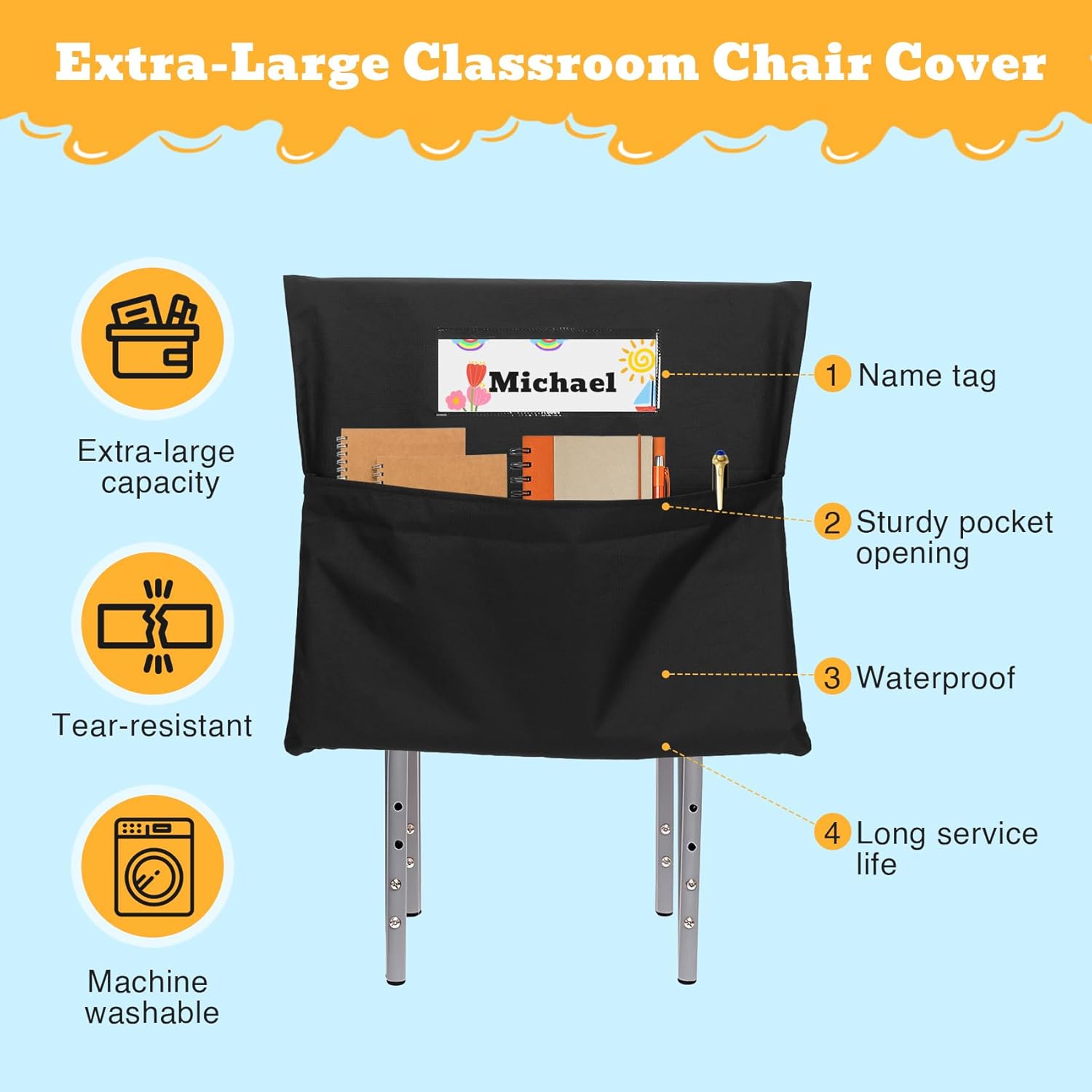 24 PCS Chair Pockets for Classroom, 22 x 20 Inch Extra Large Seat Sacks with Name Tags, Heavy-Duty Oxford Fabric Chair Organizers for School, Home, Office – Black