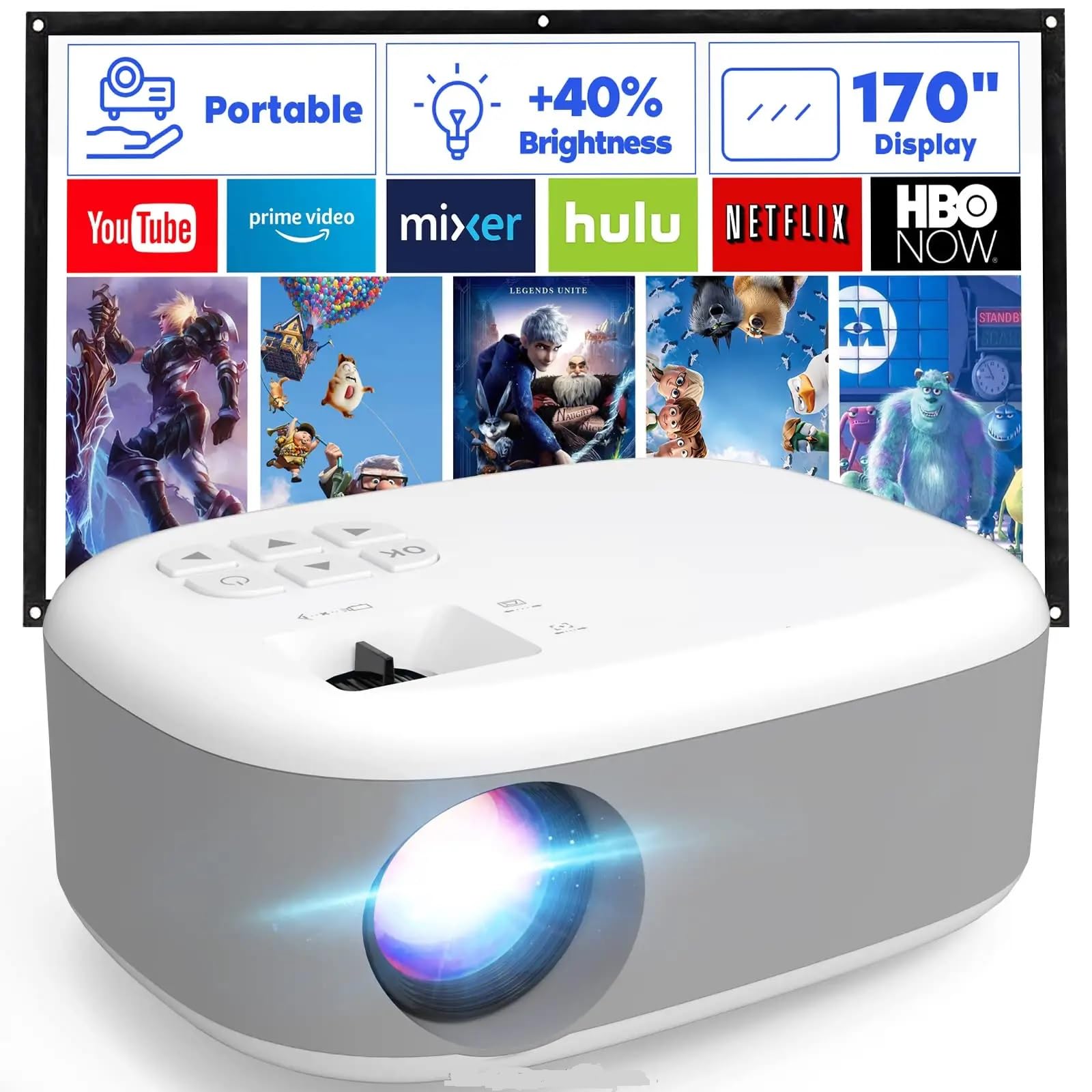 BIGASUO Divine Andriod 5G Wifi Projector Home 4K Support 1080P Smartphone Full Hd Portable Builtin Youtube Other Apps Auto Keystone 4000 Lumens 200" Screen Compatible 4K Tv Stick (N11), White