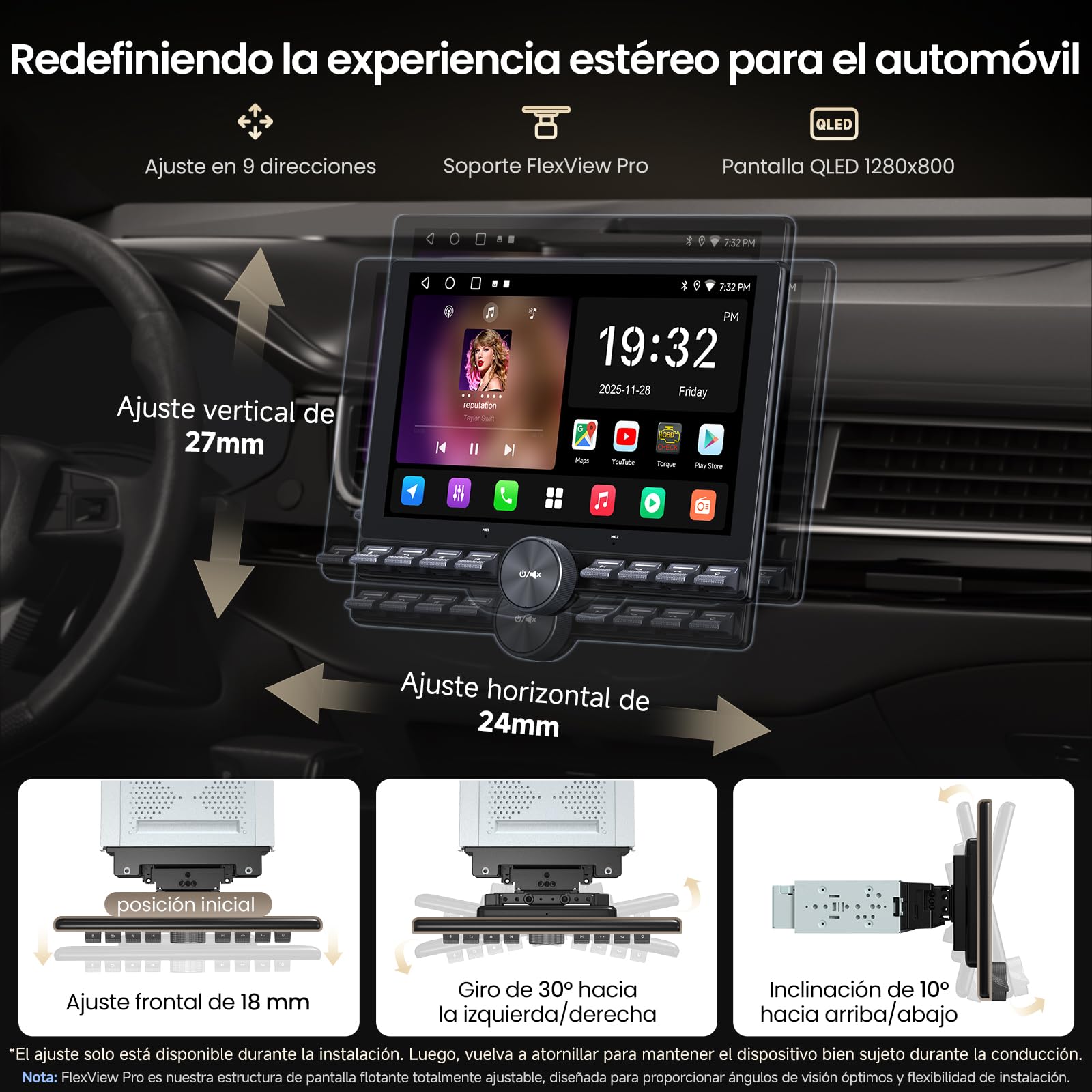 ATOTOZONE 10,1" FlexView Radio Android Adaptativo 1 DIN & 2 DIN, Pantalla Flotante ChatGPT AI Autoradio, Wi‑Fi/USB/Bluetooth, CarPlay y Android Auto Inalámbrico, EQ/DSP/RDS, Cámara Trasera