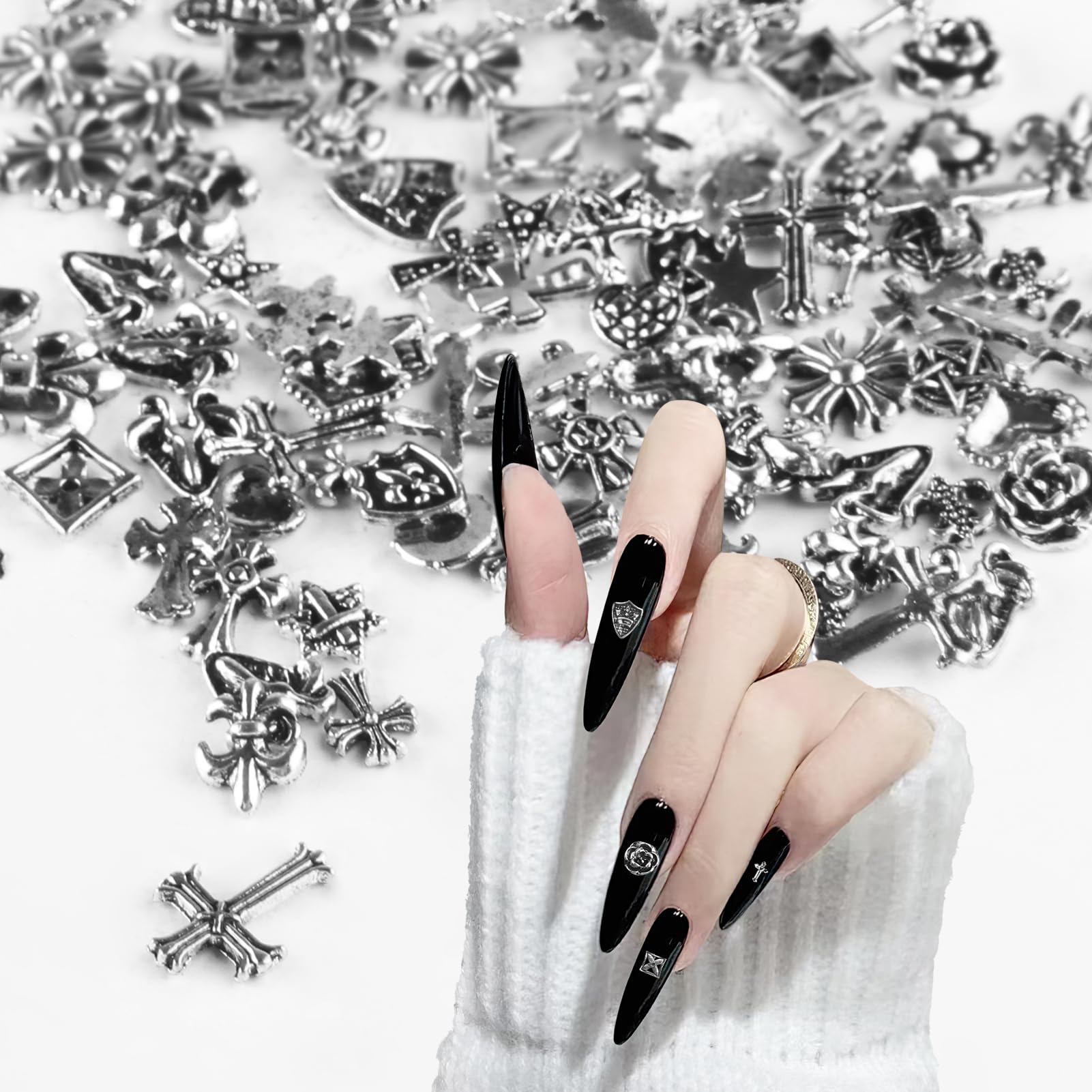 100Pcs Nail Charms, Metal Punk Retro Cross Mixed Shape 3D Art Accessories Nail Decoration for Women Girls Nail Face Decoration Nail Makeup DIY Craft (Silver)