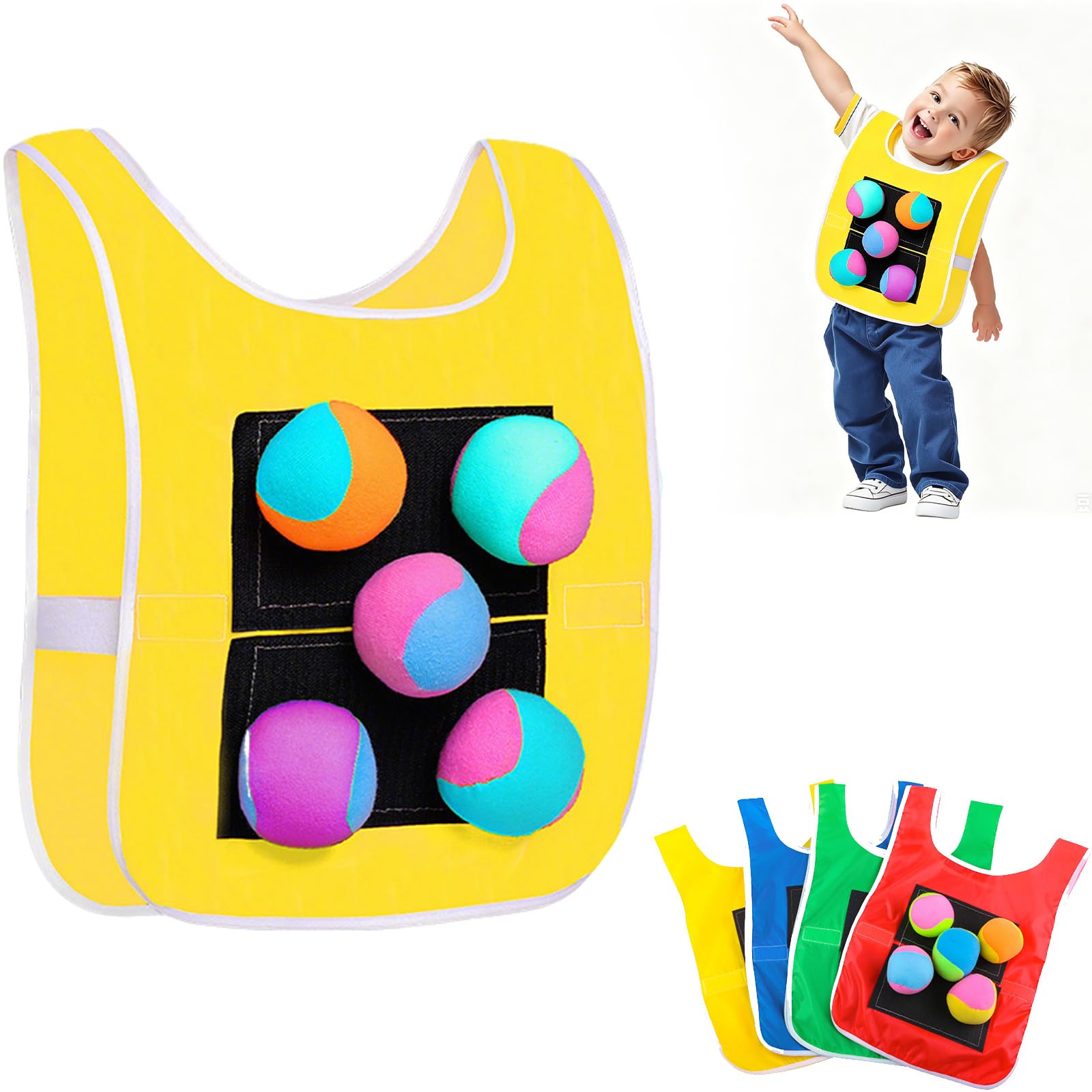 Stick Ball Vest for Kids, Dodgeball Target Vest Game with 5 Soft Balls, Outdoor Playground Throwing & Catch Game, Family Fun Yard Game, Parent-Child Coordination Toy (Yellow, Kid)
