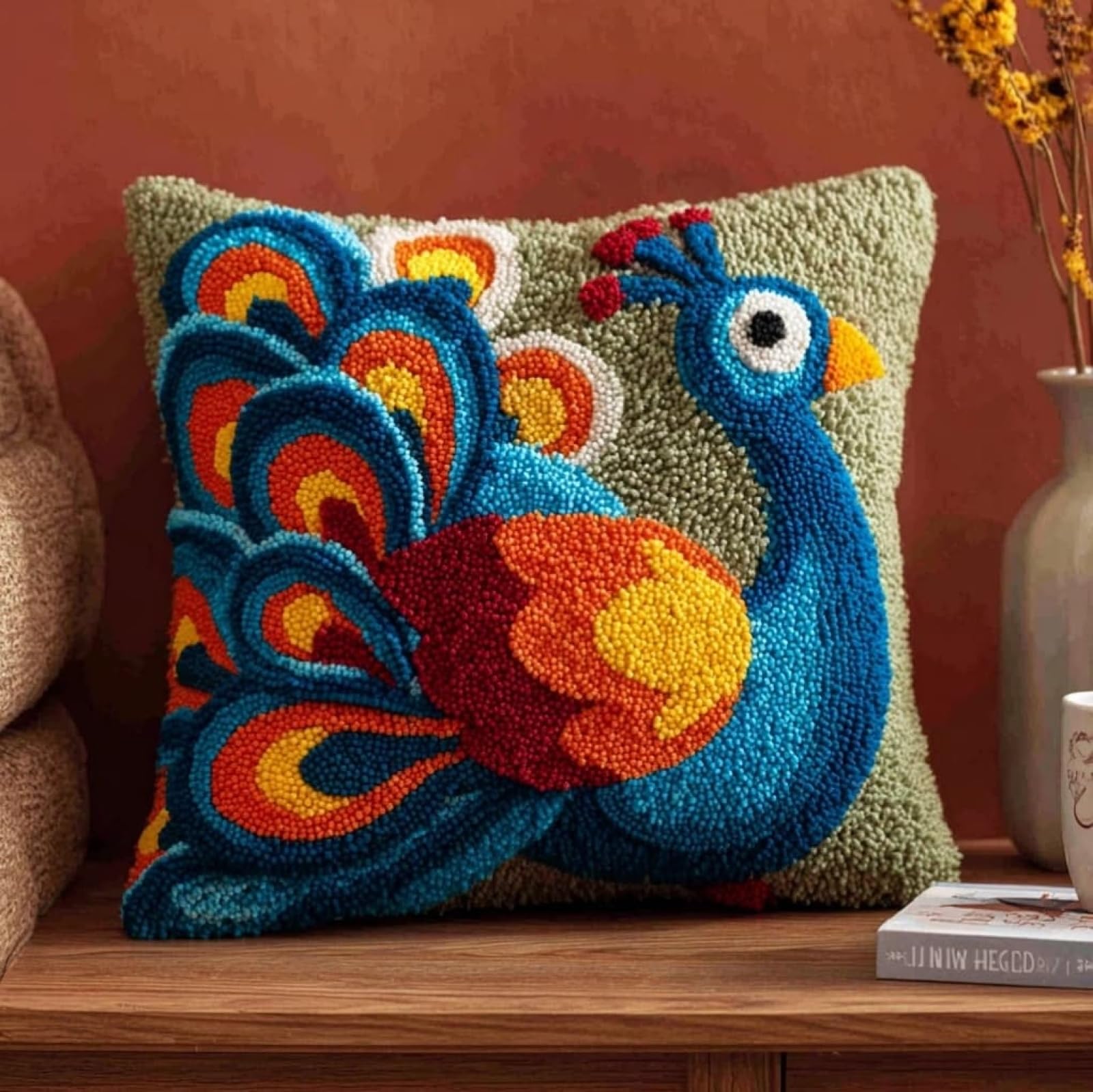 AxiangziK Latch Hook Pillow Case Kits,Beautiful Peacock DIY Latch Hook Cushion Kits Beginners Adults Children Gift Embroidery Home Decoration,17x17inch