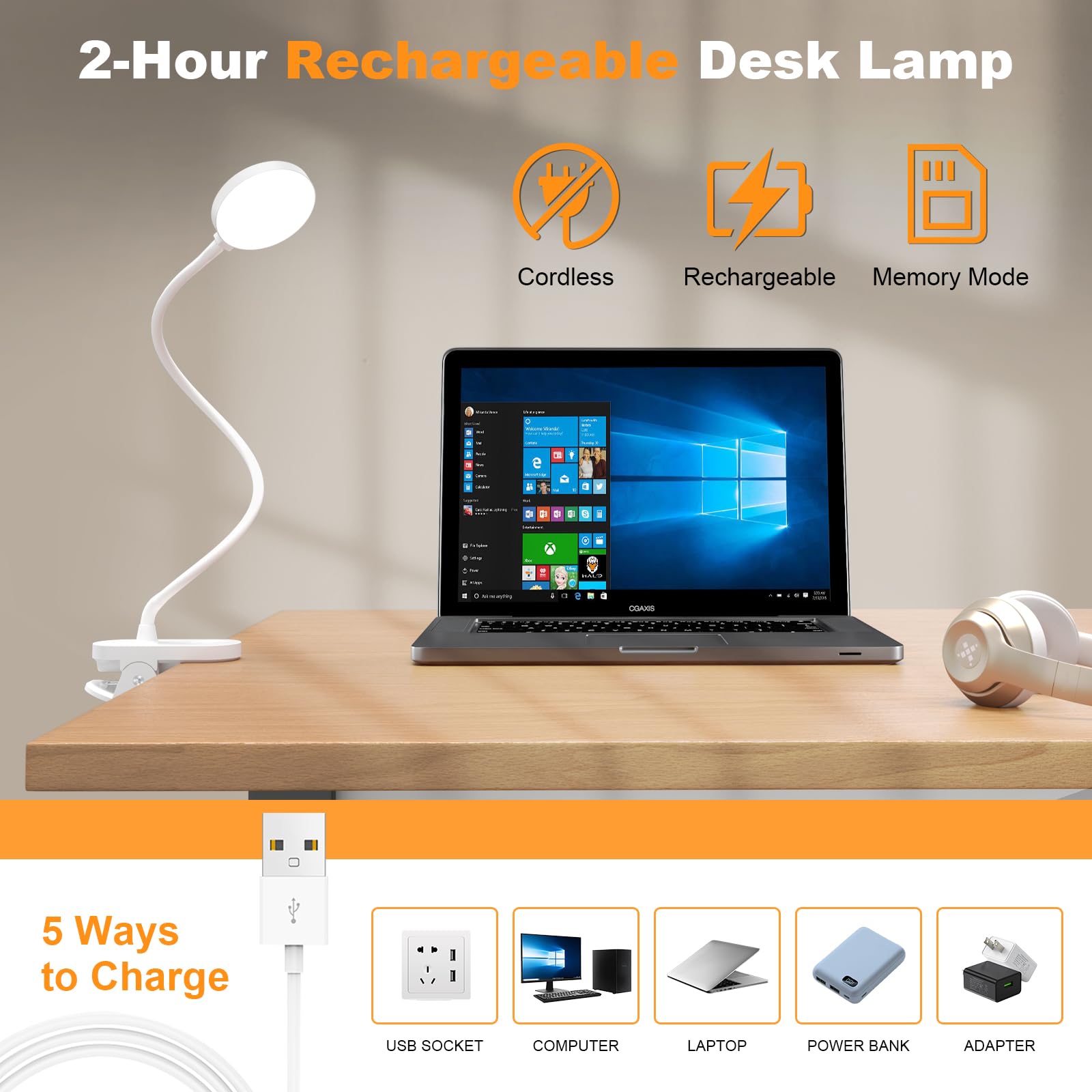 ZAPLIT 61 LED Lampada da Lettura a Clip Ricaricabile USB-C – 3 Temperature Colore & 10 Luminosità, 2000mAh, Collo Flessibile 40cm, per Camera da Letto, Scrivania e Campeggio