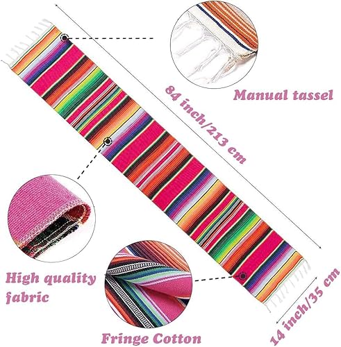 Miniatura 6 de 3 piezas de camino de mesa de sarape mexicano con borlas, manta mexicana a rayas con flecos, camino de mesa de algodón para suministros de fiesta