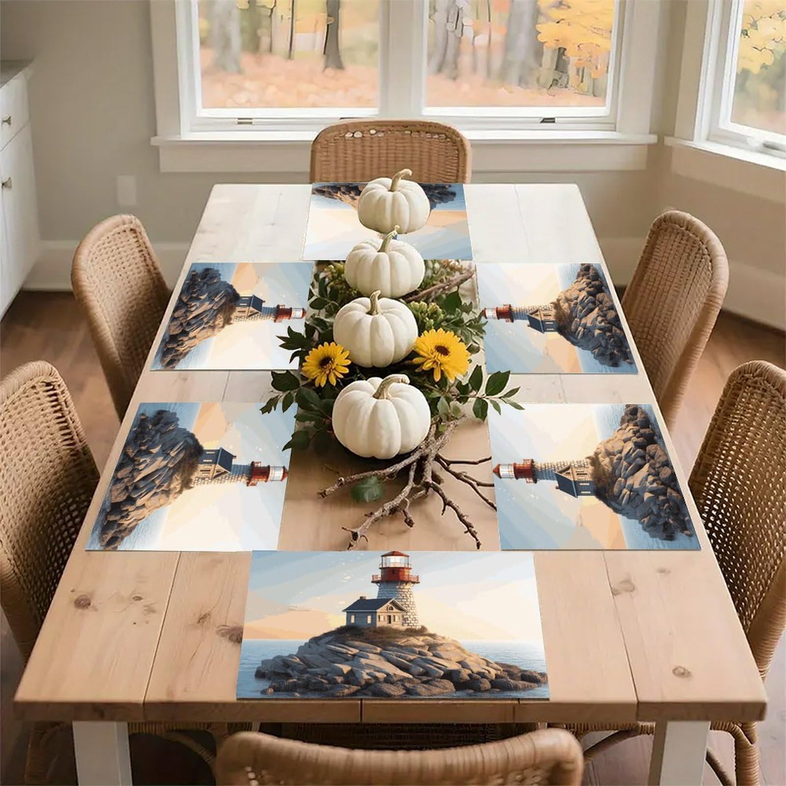 3D Seaside Lighthouse Placemats Wipeable Heat Resistant Table Mats Washable Flax Place Mats Elegant Cloth Non-Slip Placemat for Kitchen Dinning Party Table Decor 12 * 18 in