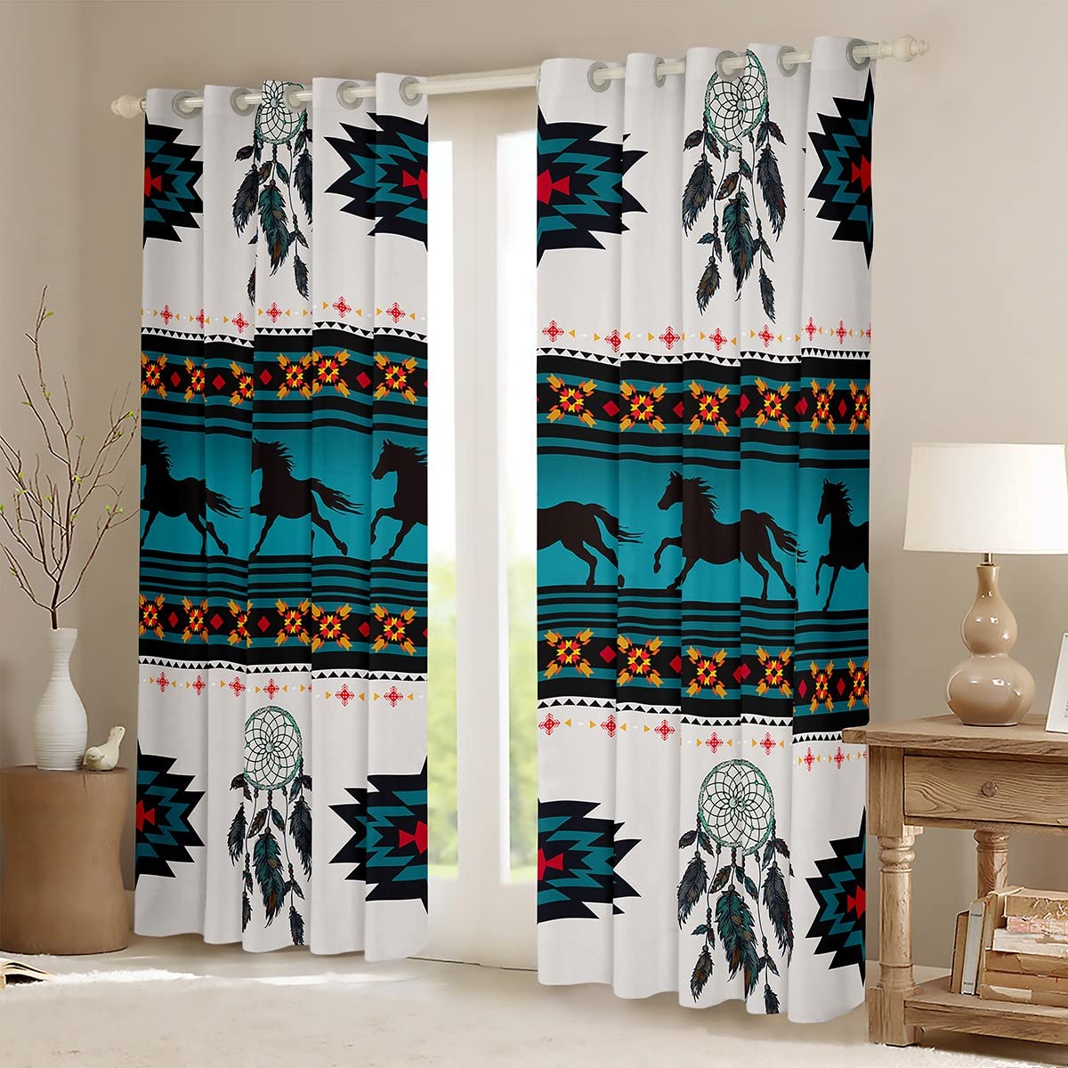 Horse Window Curtains for Bedroom Living Room Western Curtain Boho Dreamcatcher Aztec Window Drapes for Boys Girls Kids Cowboy Cowgirl Bohemian Native Tribal Window Treatments, 38x45 Inches,2 Panels