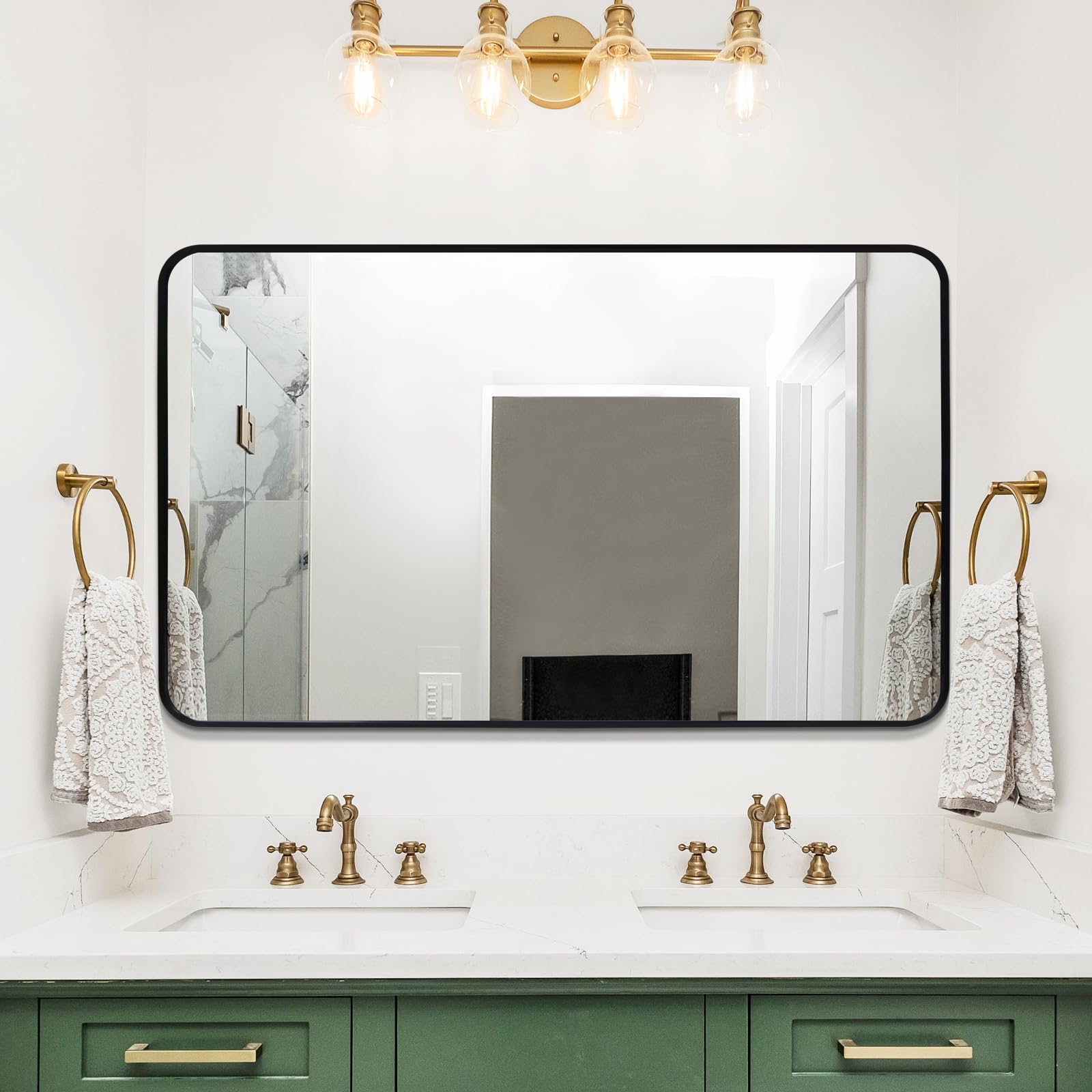 32x48 Inch Bathroom Wall Mirror for Vanity, Black Metal Frame Rectangular Mirror, Modern Round Corner Mirror (Horizontal/Vertical)