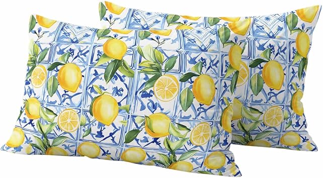 Outdoor Waterproof Pillow Covers Lemon Fruit Pack of 2 Lumbar Pillow Cover Leaves Blue Decorative Cushion Pillowcases for Patio Couch Bench Garden 12 x 20 Inches