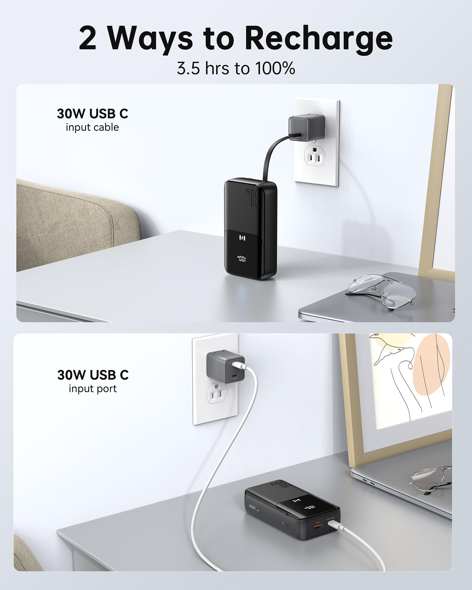 Selore&S-Global Power Bank, 20000mAh 30W Bateria Externa Carga Rapida, Cargador Portátil con Cable Integrado, 4 Outputs, USB C Powerbank Compatible con iPhone 17 16 15 14 13 Samsung iPad MacBook Air