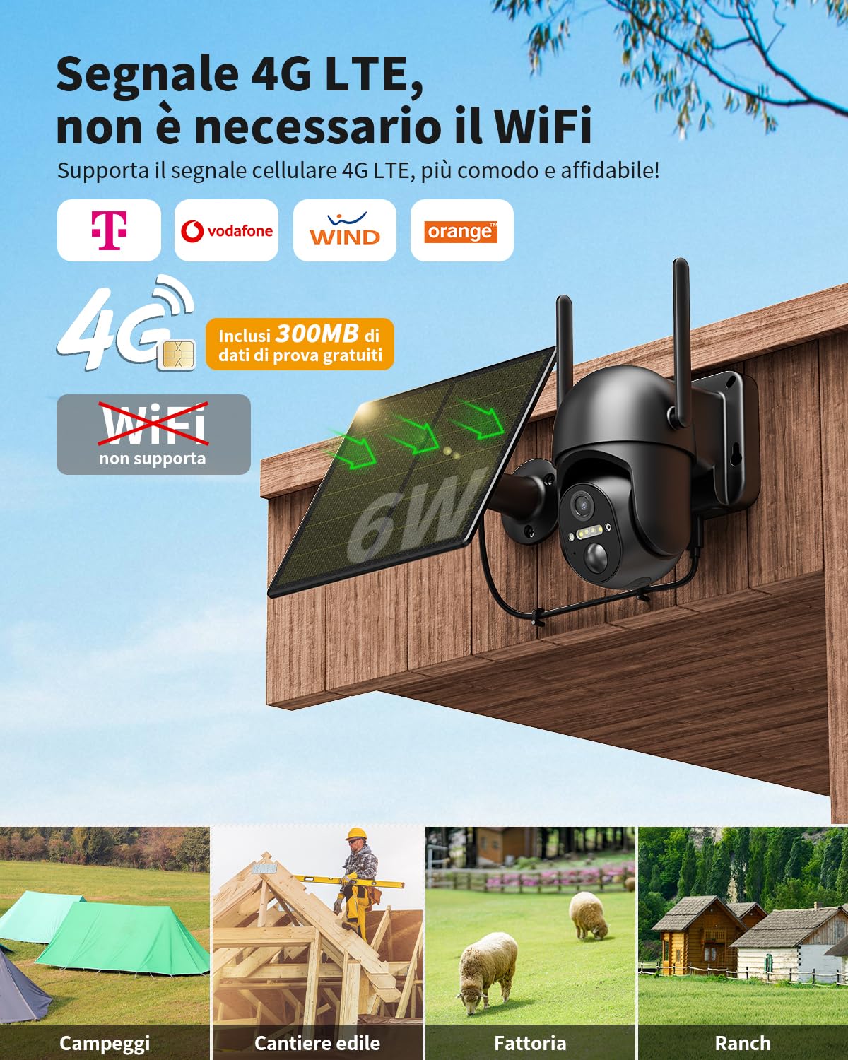 4G Telecamera Esterno con SIM, 2K HD 360° PTZ Telecamere Senza Fili con Pannello Solare Batterie, Visione Notturna Colori, Rilevamento Movimento, Audio Bidirezionale, IP66