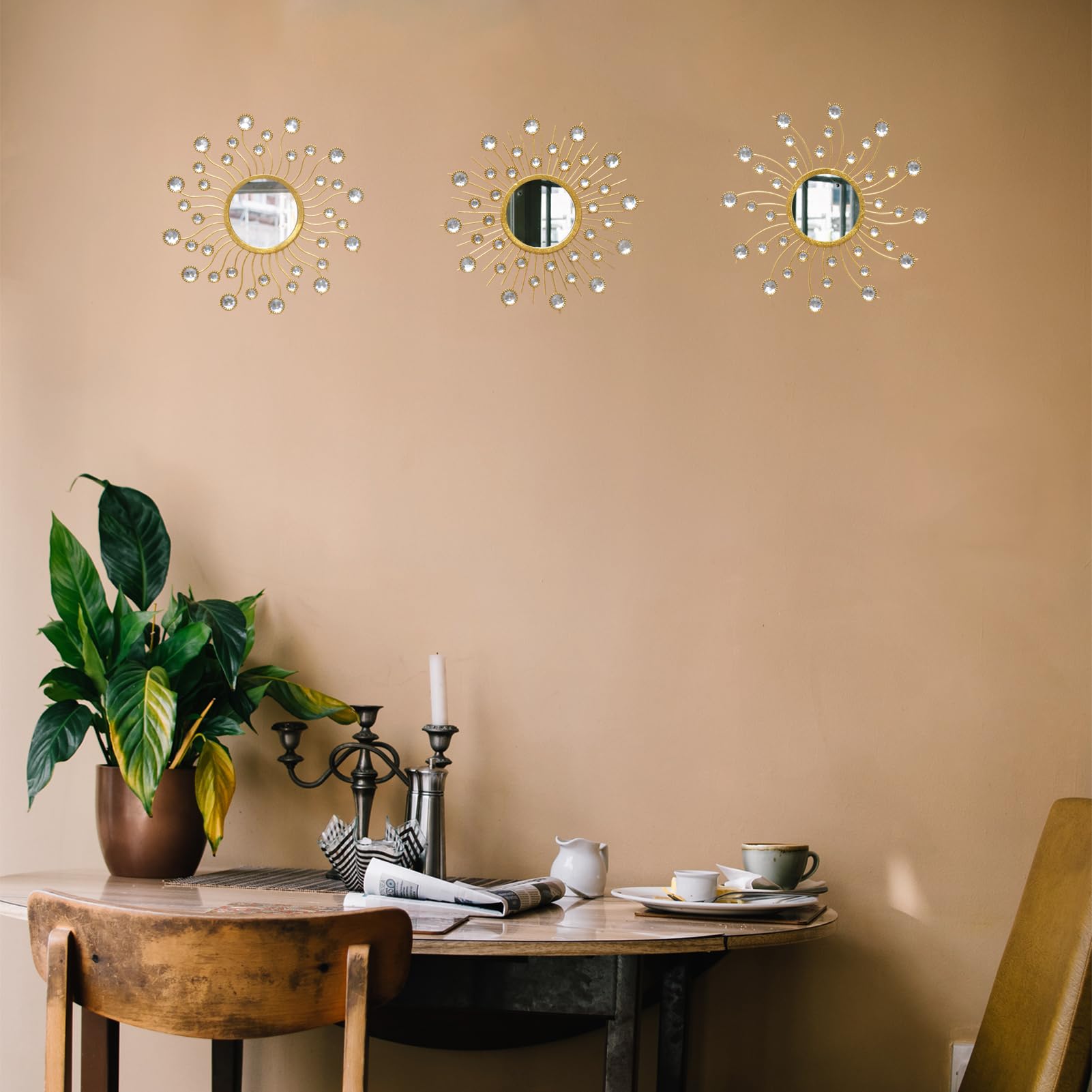 Set di 3 specchi decorativi da parete, motivo a raggi di sole, stile boemio, dorato, decorazione in metallo, specchio da appendere, per soggiorno, camera da letto, bagno, 9,25 x 9,25 pollici
