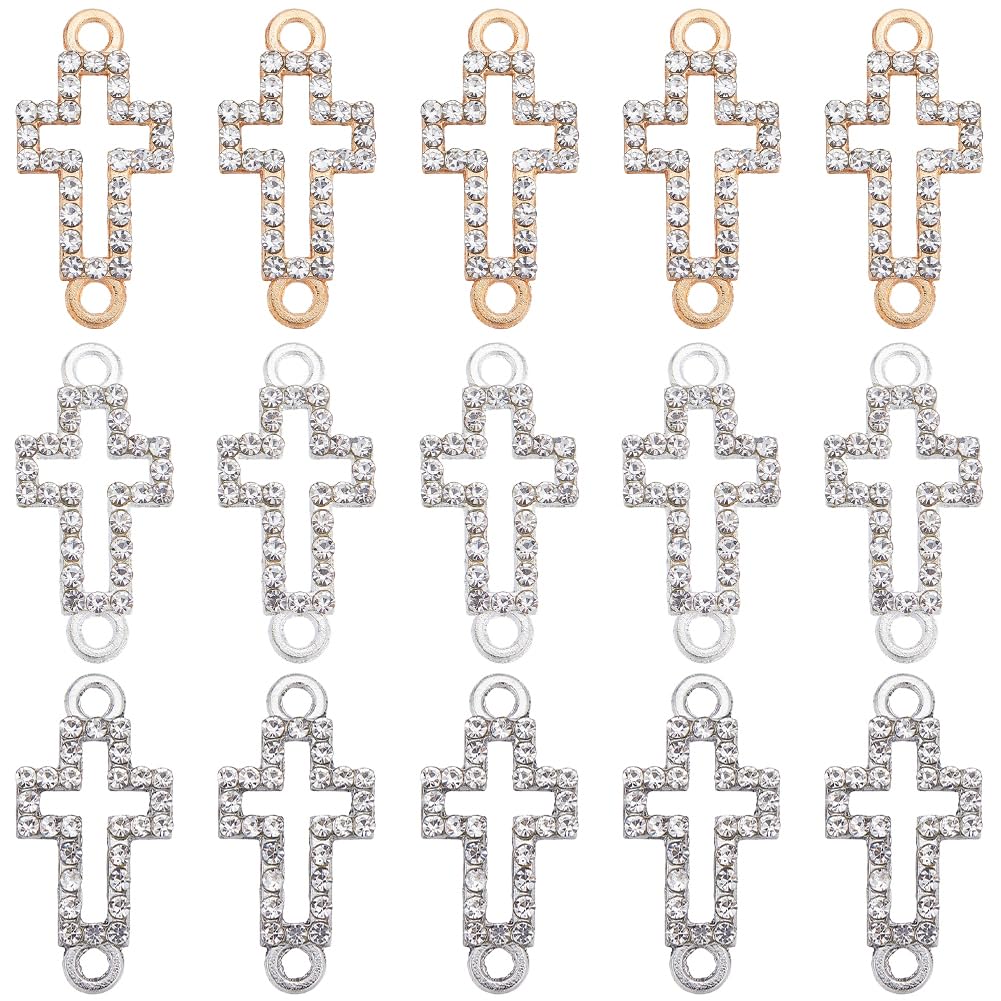 SUNNYCLUE 1 BOX 30PCS Mini Rshinestone Cross Charms Metal Crucifix Connector Hollow Links Rosary Alloy Golden Silver Shiny Small Charm for jewellery Making Charms Earrings Necklace Bracelets Diy Craft