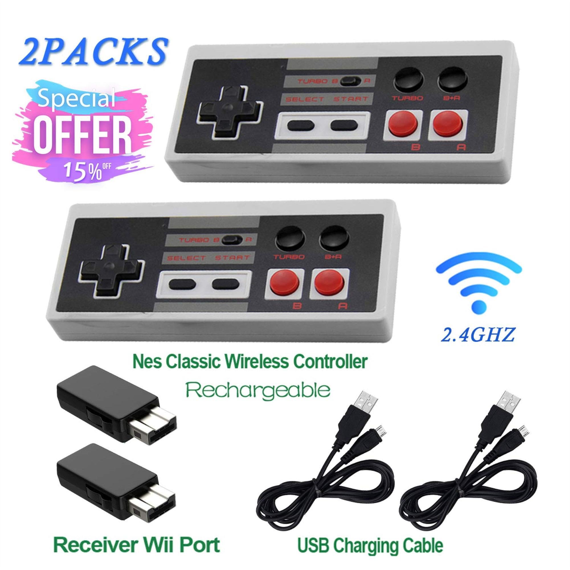 Burrizei 2 Pack Rechargeable NES Classic Mini Wireless Controller -TURBO/HOME EDITION-Rapid Buttons Edition for Nes Wii Gaming System with 2.4G Wireless Receiver(2024 Upgraded)