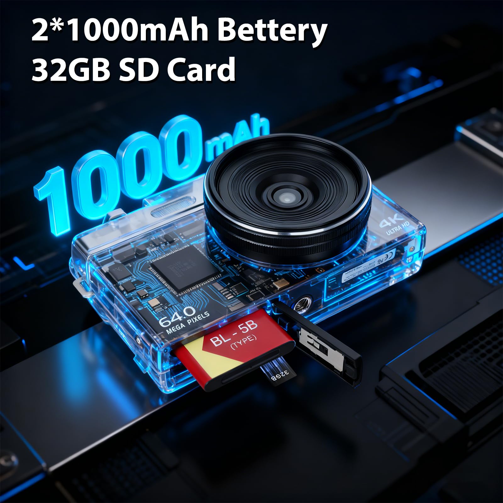 Cámara digital 4K 64MP Cámara de fotos de 3 pulgadas 16X enfoque automático zoom digital portátil cámara digital para Vlog 180° pantalla LCD plegable cámara de fotos 2 baterías 32 GB tarjeta para