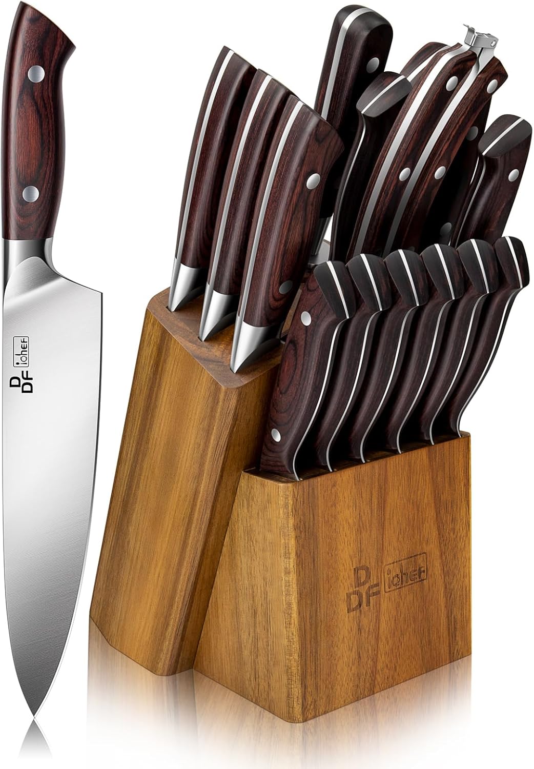 DDF iohEF Kitchen Knife Set, 16-Piece Knife Sets for Kitchen with Block Japanese Stainless Steel Knives Set with Sharpener Ultra Sharp Professional Chef Knife Set with Ergonomic Handle for Cutting