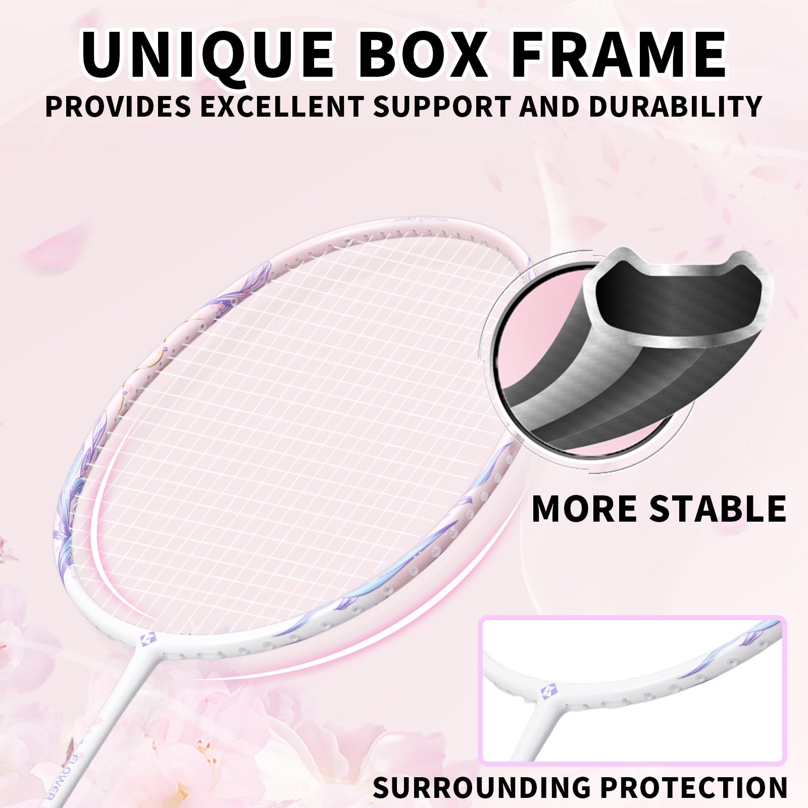 Racchetta da badminton professionale 4U leggera ad alta resistenza, in fibra di carbonio, set rosa con nastri antiscivolo e copertura per principianti, giocatori intermedi, Flower Partner Pro