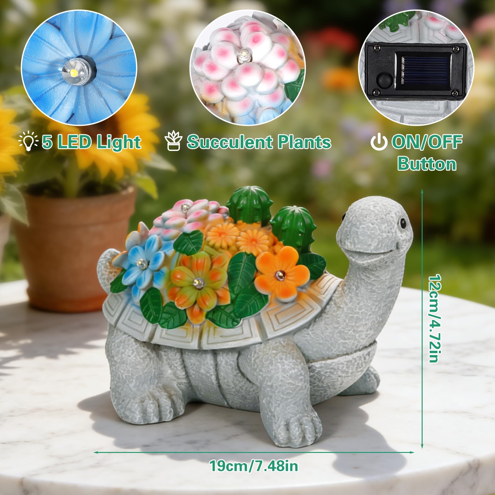 Statue Tortue Jardin Extérieur Deco Lampes LED Solaire, Ornements d'extérieur décoratifs de avec lumières à 5 LED, Sculptures et Statues de Jardin Decoration, pour Balcon Terrasse - 4