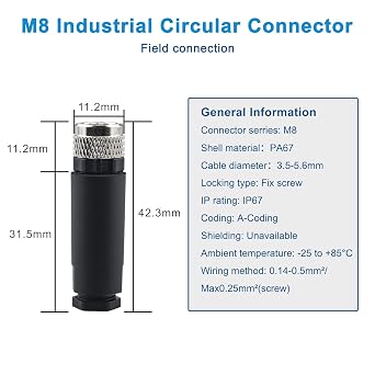 M8 Field Assembly Connector 3-Pin A Coding Female Circular Aviation Connector Plug 8mm Waterproof Circular Aviation Connector Plug Adapter 4 Pack