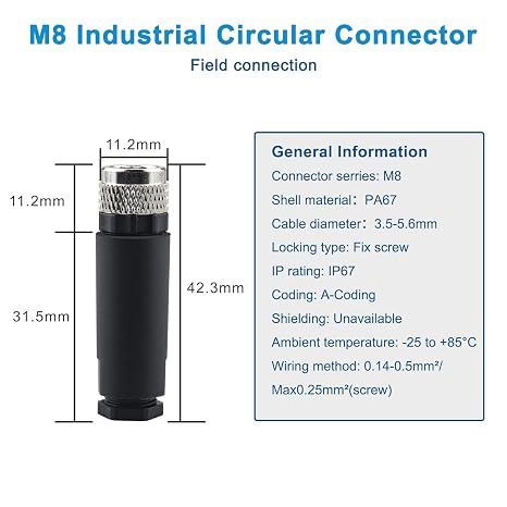 M8 Field Assembly Connector 3-Pin A Coding Female Circular Aviation Connector Plug 8mm Waterproof Circular Aviation Connector Plug Adapter 4 Pack