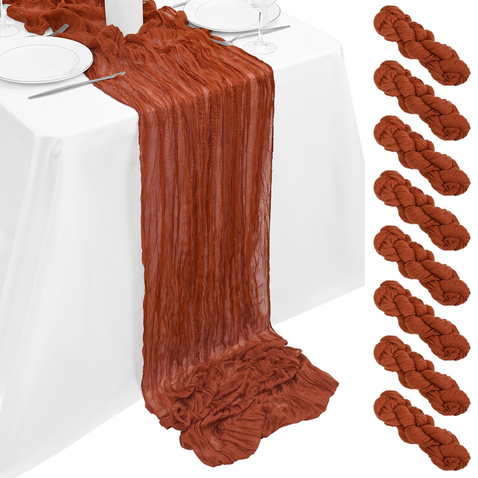 8 Pack Terracotta Cheesecloth Table Runner 10FT, Terracotta Cheese Cloth Table Runner Rustic Gauze Fabric Sheer Boho Wedding Table Decoration for Wedding Reception Bridal Shower Baby Shower(90x300cm)