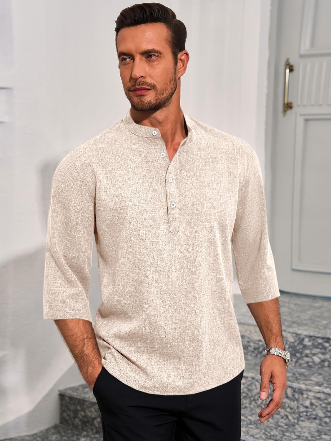 Runcati Mens Linen Henley Shirts Casual Lightweight 3/4 Sleeve T-Shirt Summer Beach Yoga Hippie Tops - Image 3