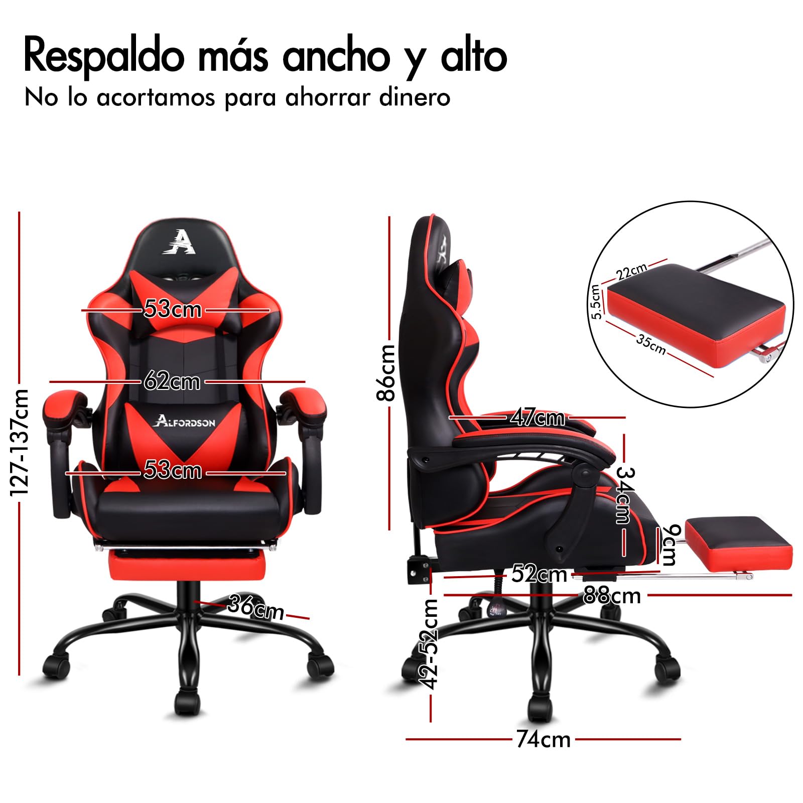 ALFORDSON Silla Gaming Escritorio con Masajeador, Silla Gamer Ergonómica Cojín Lumbar y Cervical, Reposapiés Retráctil, Ruedas Giratorias 360°, para Oficina, Videojuego, Ordenador, Cuero PU(Roja)