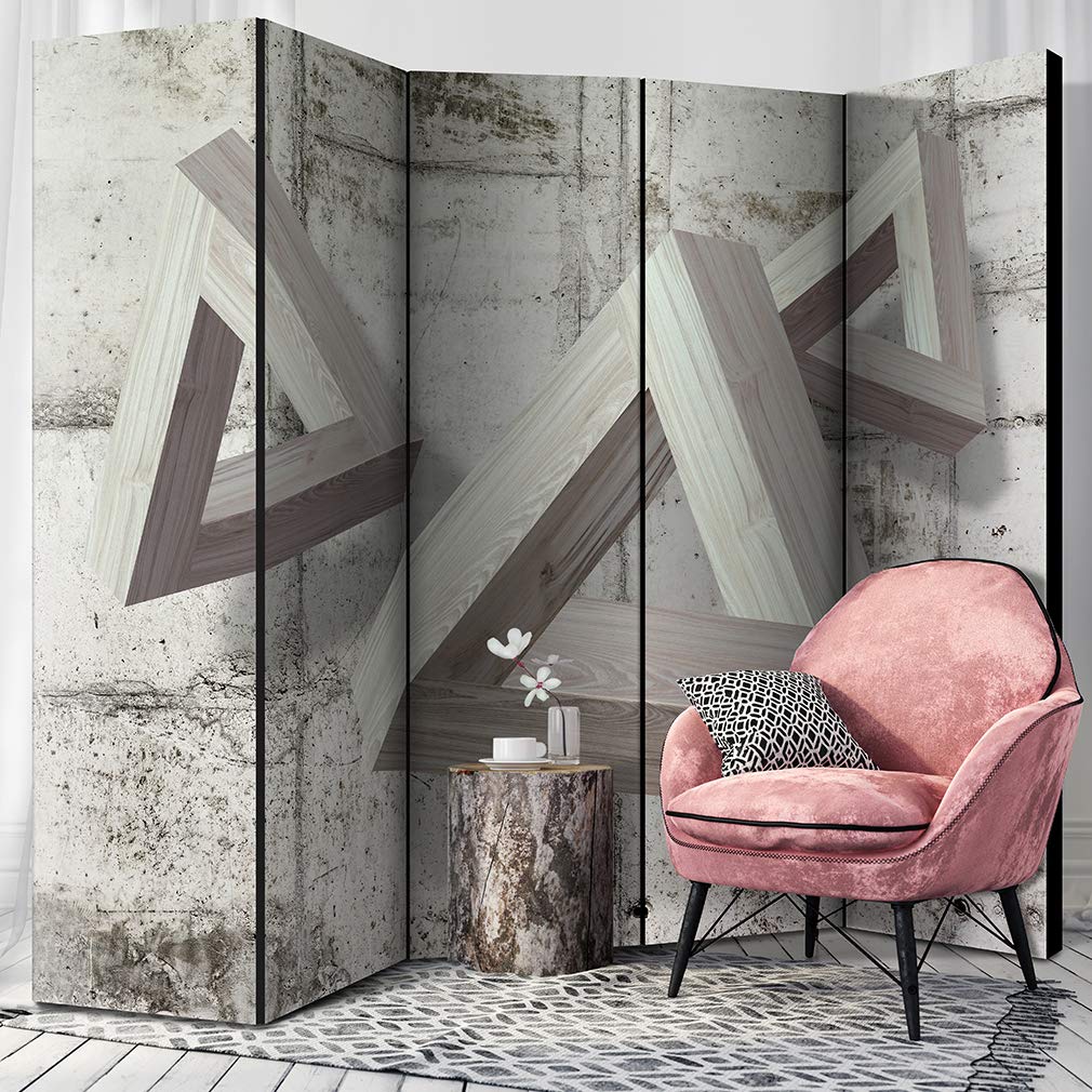 Paravento Decorativo 5 Ante Legno E Tela 225x172 Cm | Divisorio Per Ambienti Efeu | Doppia Faccia | Ideale Per Soggiorno, Camera, Ufficio