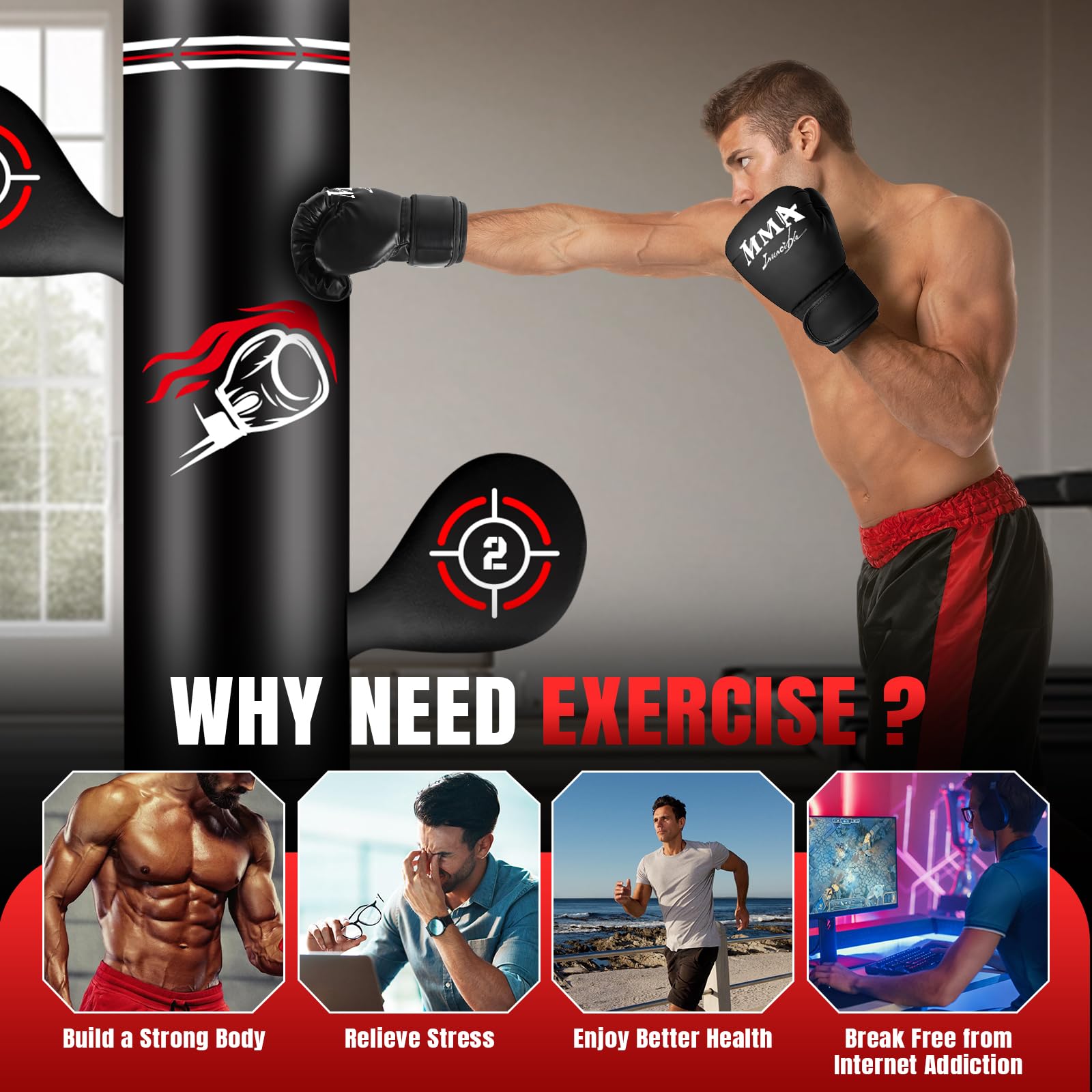NZQXJXZ Saco de Boxeo de pie para Adultos, 180cm Saco Boxe Independiente con Guantes de Boxeo, Bomba, Cuerda para Saltar y Pelota de Reflejos, Sacos de Boxe Inflable para Entrenamiento de MMA,Fitness