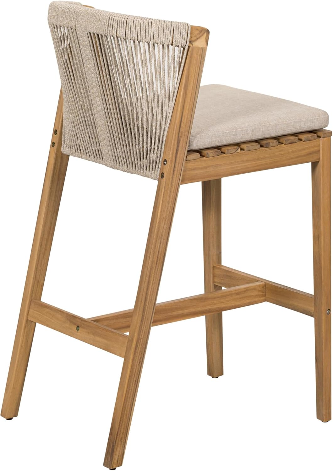 GDFStudio 40.25" H Louie Outdoor Bar Stools Set of 2, Acacia Wood Frame with Woven Rope Backrest & Beige Cushion Boho Counter Height Bar Chairs Footrest for Patio Garden Balcony or Kitchen, Teak