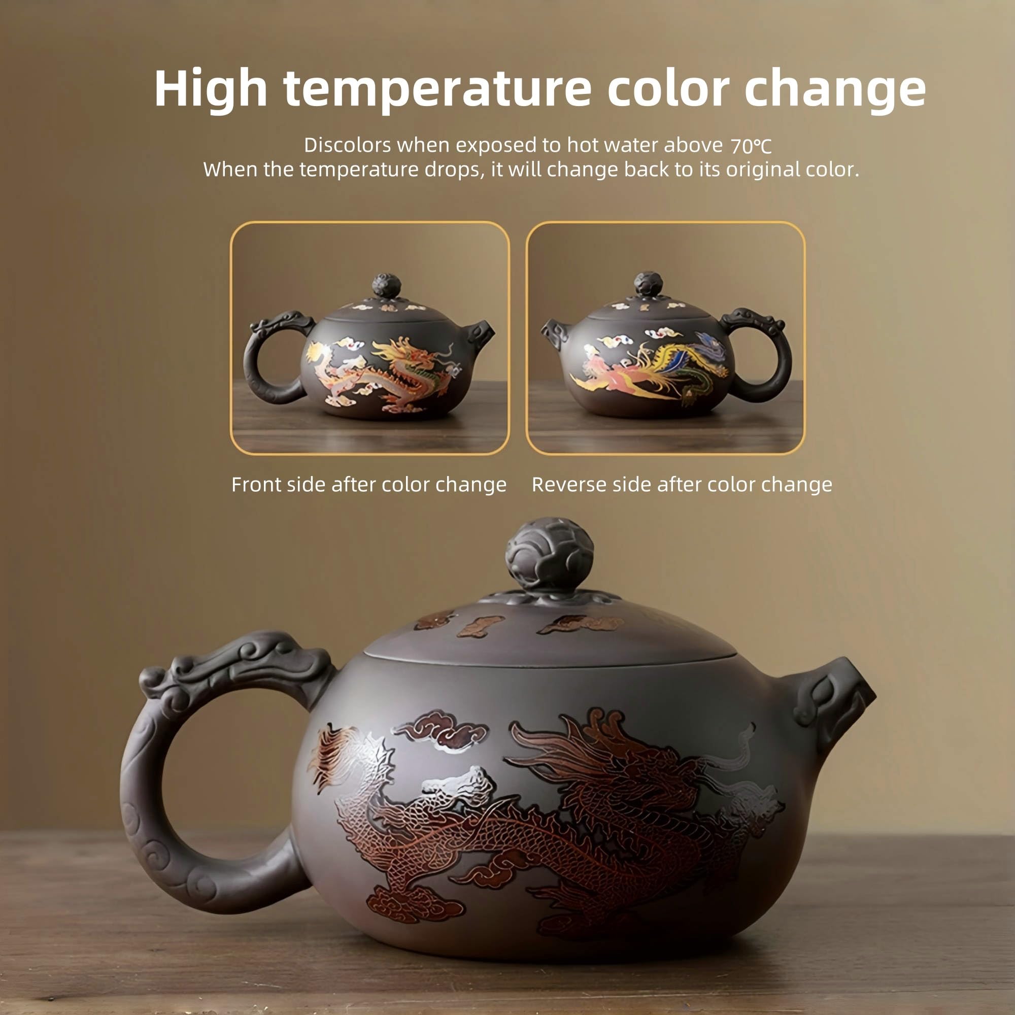 Yixing Zisha Teekanne Set 450ML, Chinesische Farbwechselnde Teekannen Ton mit Geschenkbox, Groß Kung Fu Lila Teeset Handgefertigte, Drache und Phönix