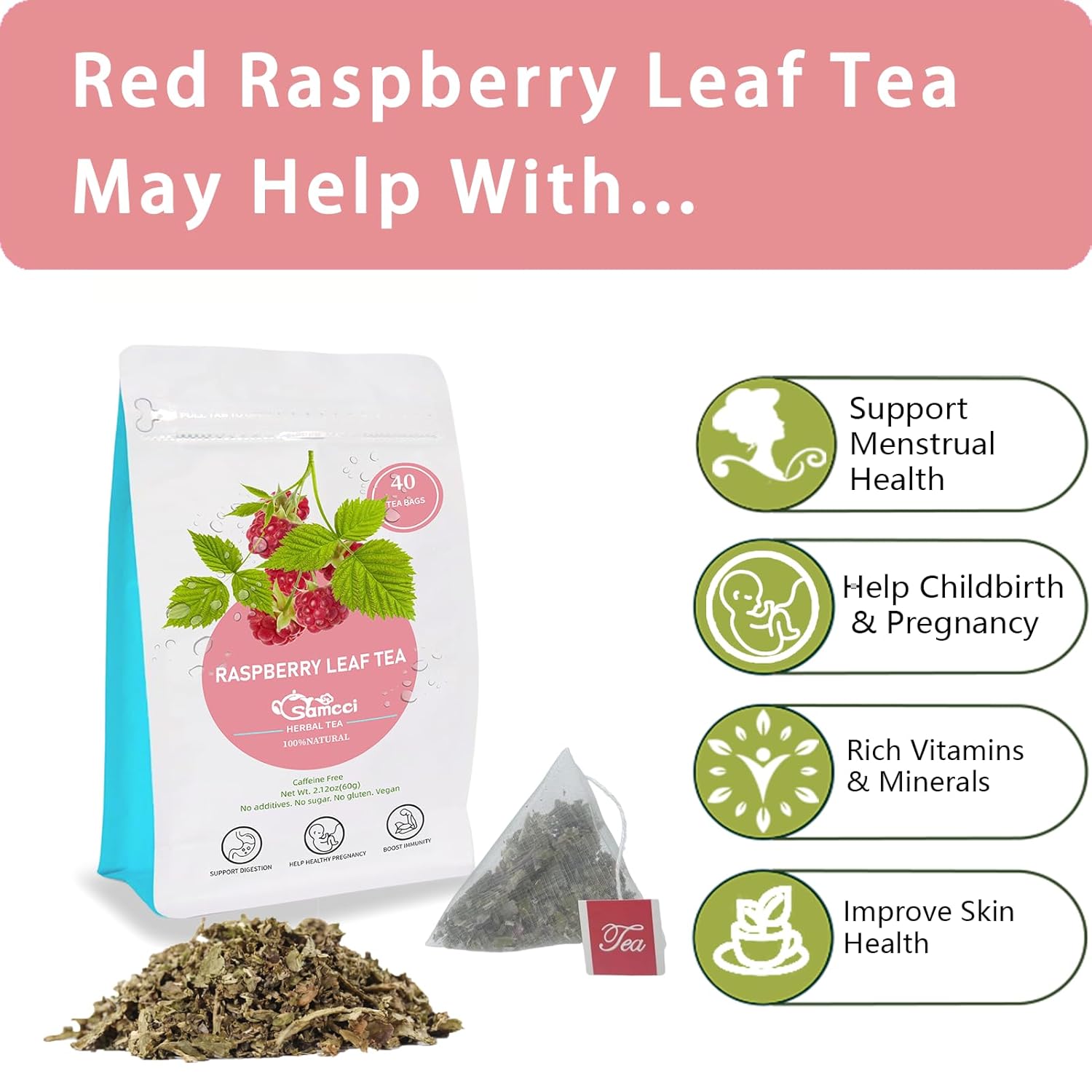 Samcci - Raspberry Leaf Tea Bag, 40 Teabags - Natural Pregnancy Tea - Pure Red Raspberry Leaf Herbal Tea - Help Childbirth & Support Menstrual - Non-GMO - Caffeine-free - Image 2