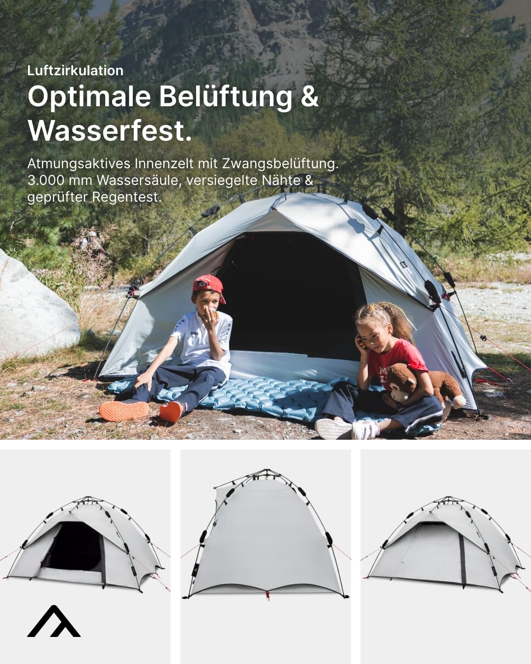 qeedo Quick Ash Dark Series Sekundenzelt innen komplett verdunkelt, wasserdicht, leicht & robust - Campingzelt für 2 Personen, Kuppelzelt mit kleinem Vordach, Moskitonetz & Schnellaufbau-System