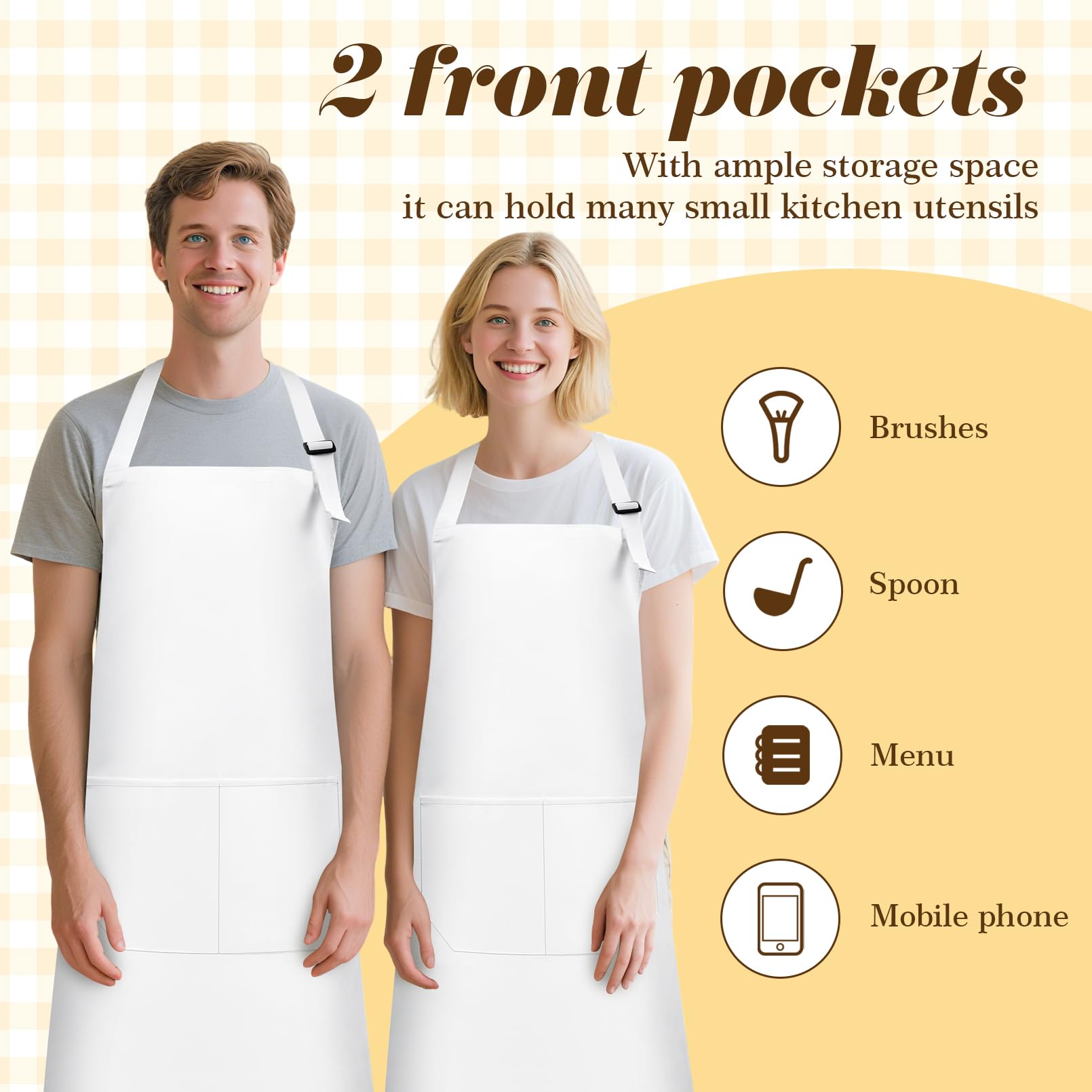 Lot de 15 tabliers de cuisine blancs, imperméables, réglables, avec poche, rubans extra longs, pour la cuisine, la pâtisserie, le jardin, le restaurant, le café, la maison (69 x 80 cm)