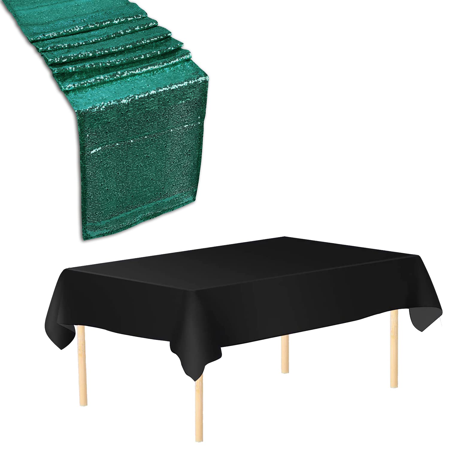 Trimming Shop Black Tablecloth & Emerald Sequin Table Runner Set, 2pcs