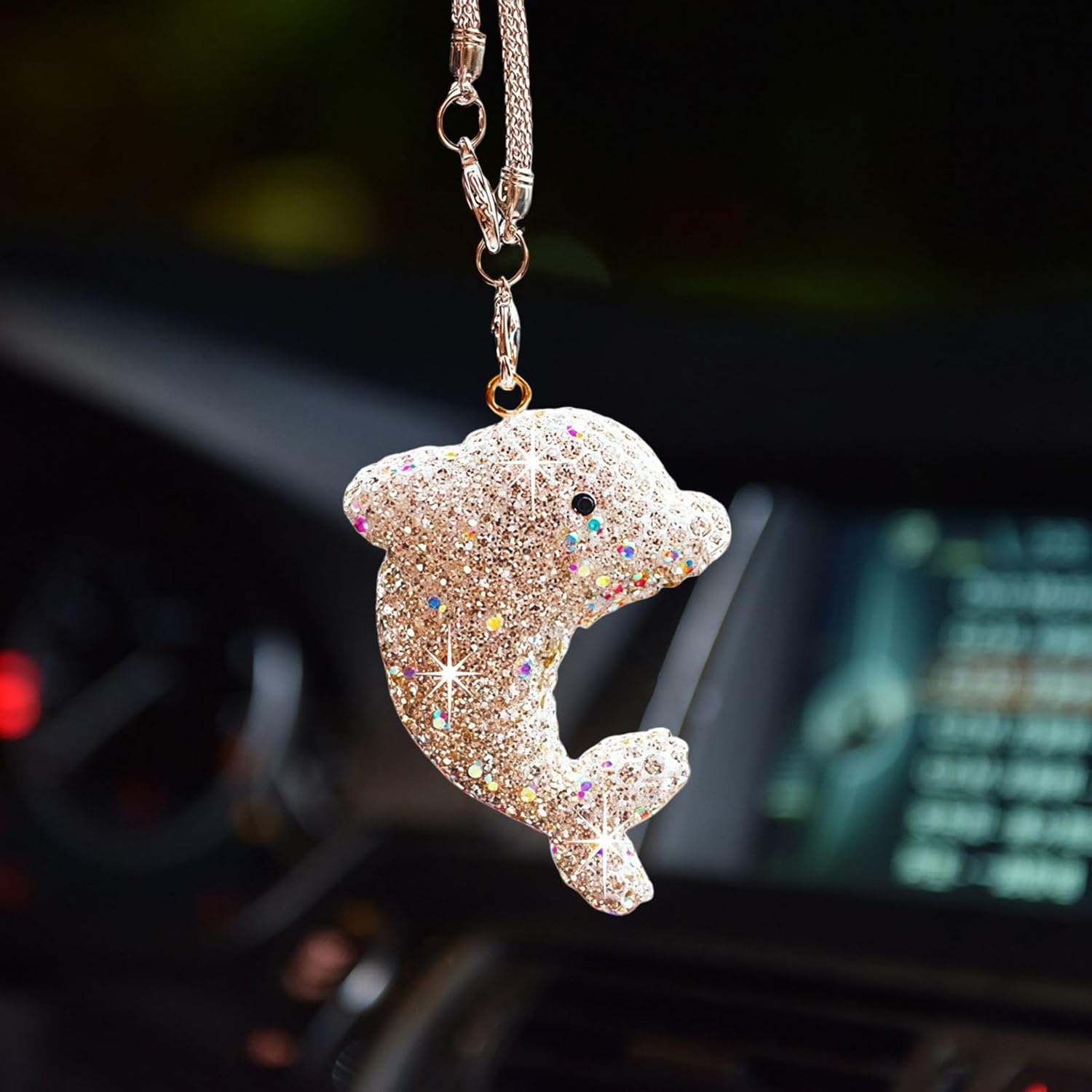Bling Dolphin Car Hanging Ornament, Cute Crystal Rear View Mirror Pendant, Diamond Rearview Mirror Charms, Lucky Car Interior Decor Accessories (White) image 5