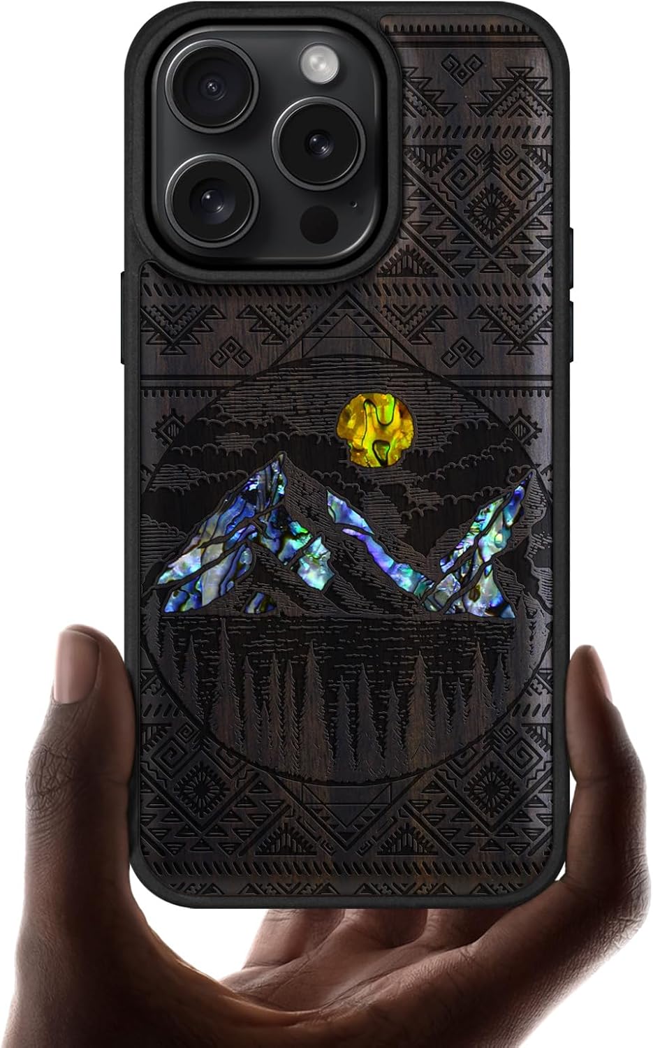 Carveit Magnetic Case for iPhone 16 Pro Case, Wood Artisan Engraved & Handmade Shell Inlaid, TPU Shockproof Cover, Compatible with MagSafe Wireless Chargers (Aztec Style Alpine Lakes) Blackwood