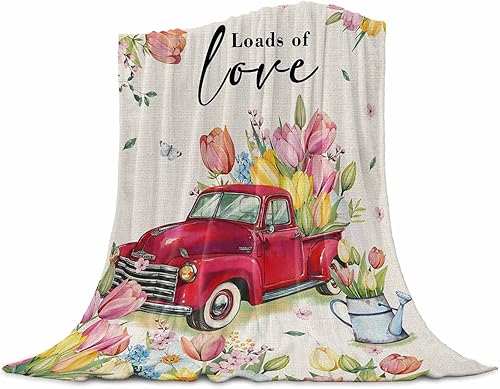 Miniatura 1 de Manta de franela de lana de Pascua, camión rojo, tulipán, súper suave, cálida y acogedora, manta de flores de primavera, mariposa, cama o automóvil,